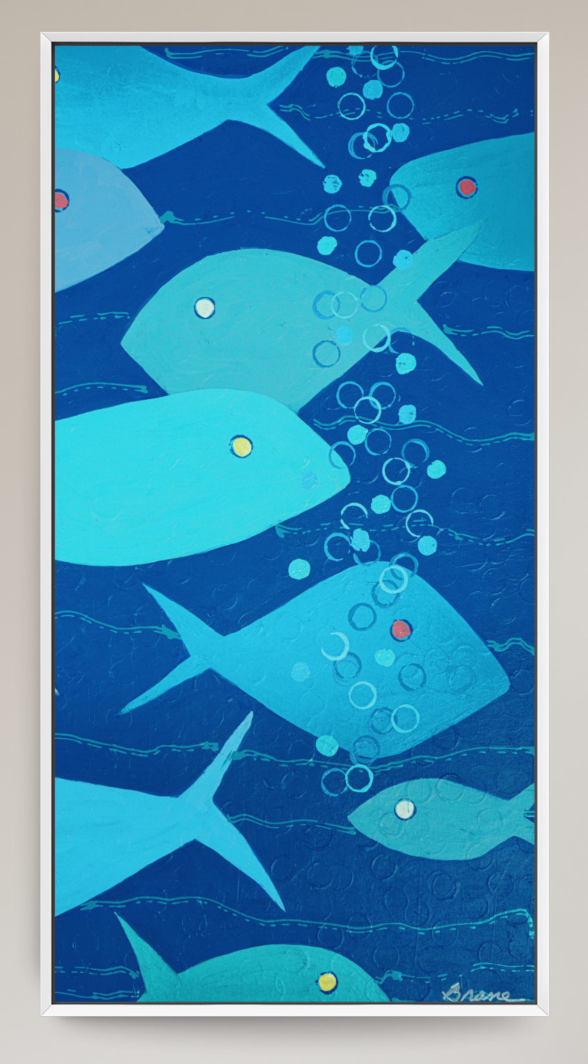 A framed abstract art print depicting stylized blue and teal fish swimming upwards with bubbles, set against a dark blue background, enclosed in a thin white frame.