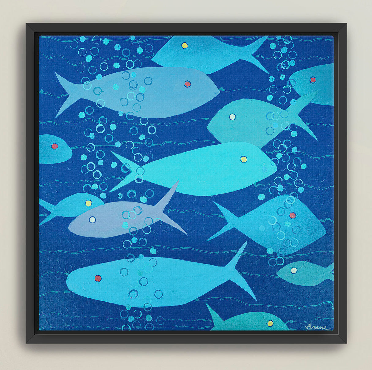 Bubbles in Blue giclée canvas print with abstract fish and rising bubbles in deep blues