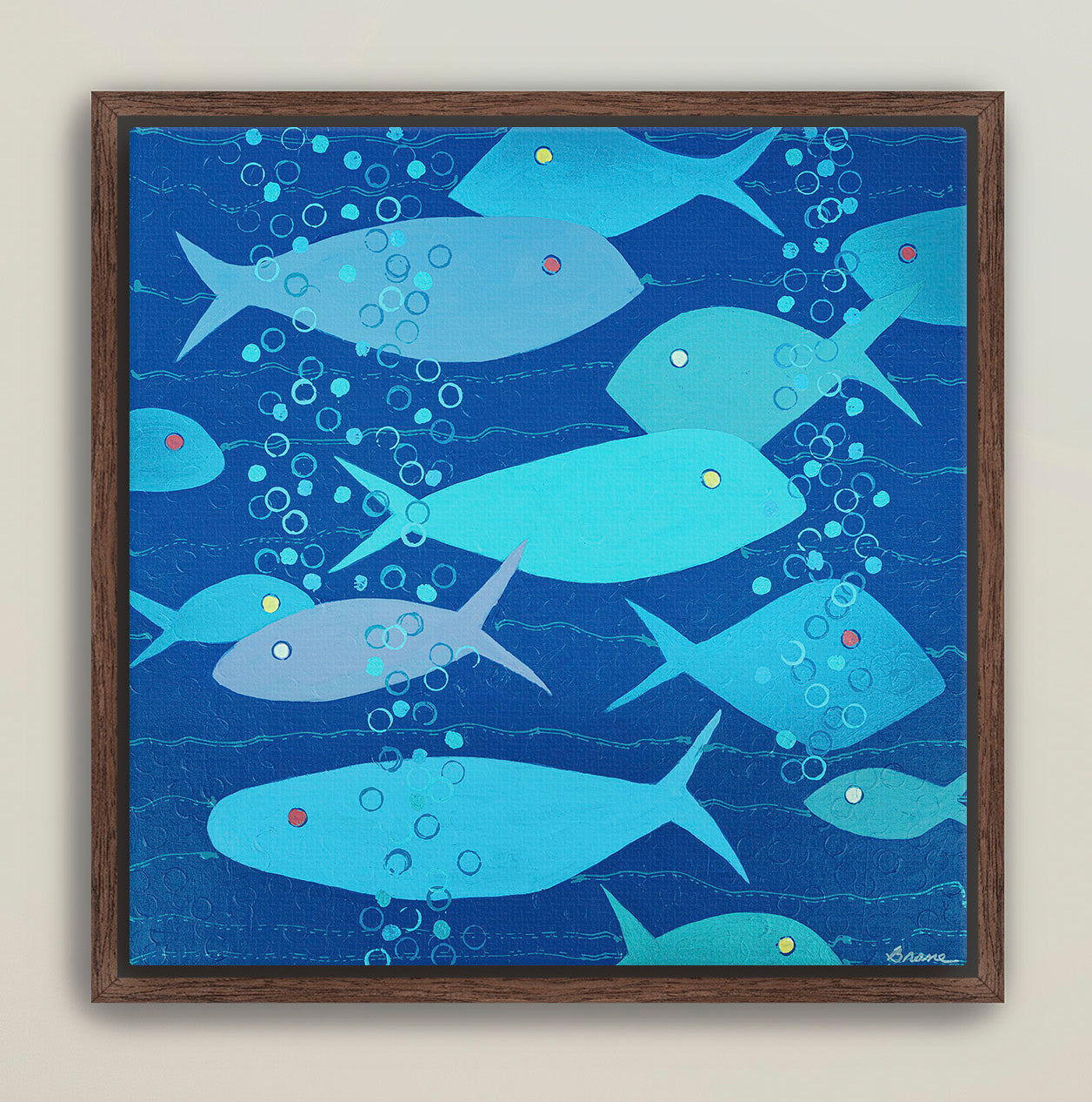 Modern coastal canvas artwork featuring underwater scene in cobalt and aqua tones
