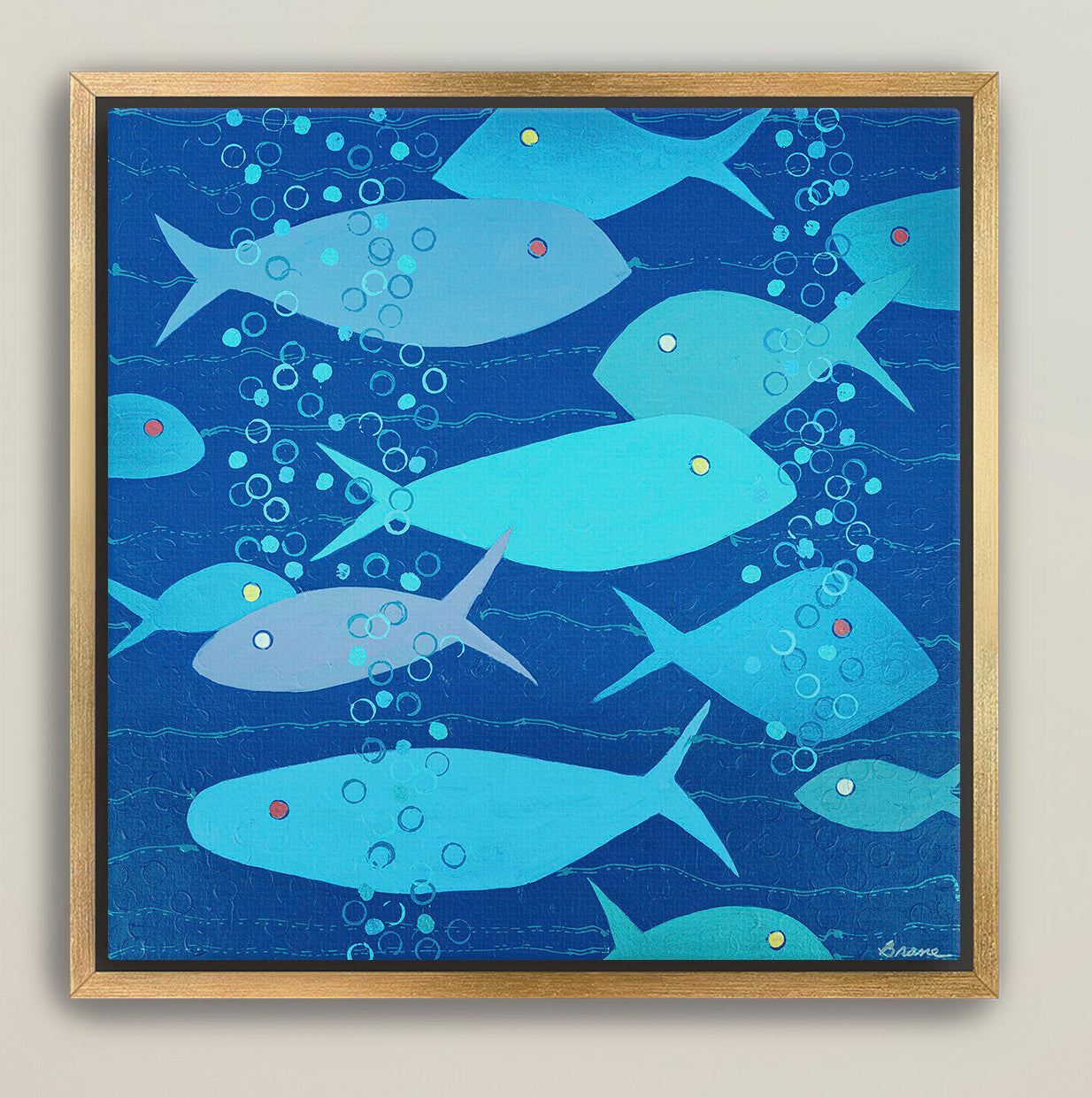 Luxury ocean wall art with shimmering bubbles and tonal blue fish