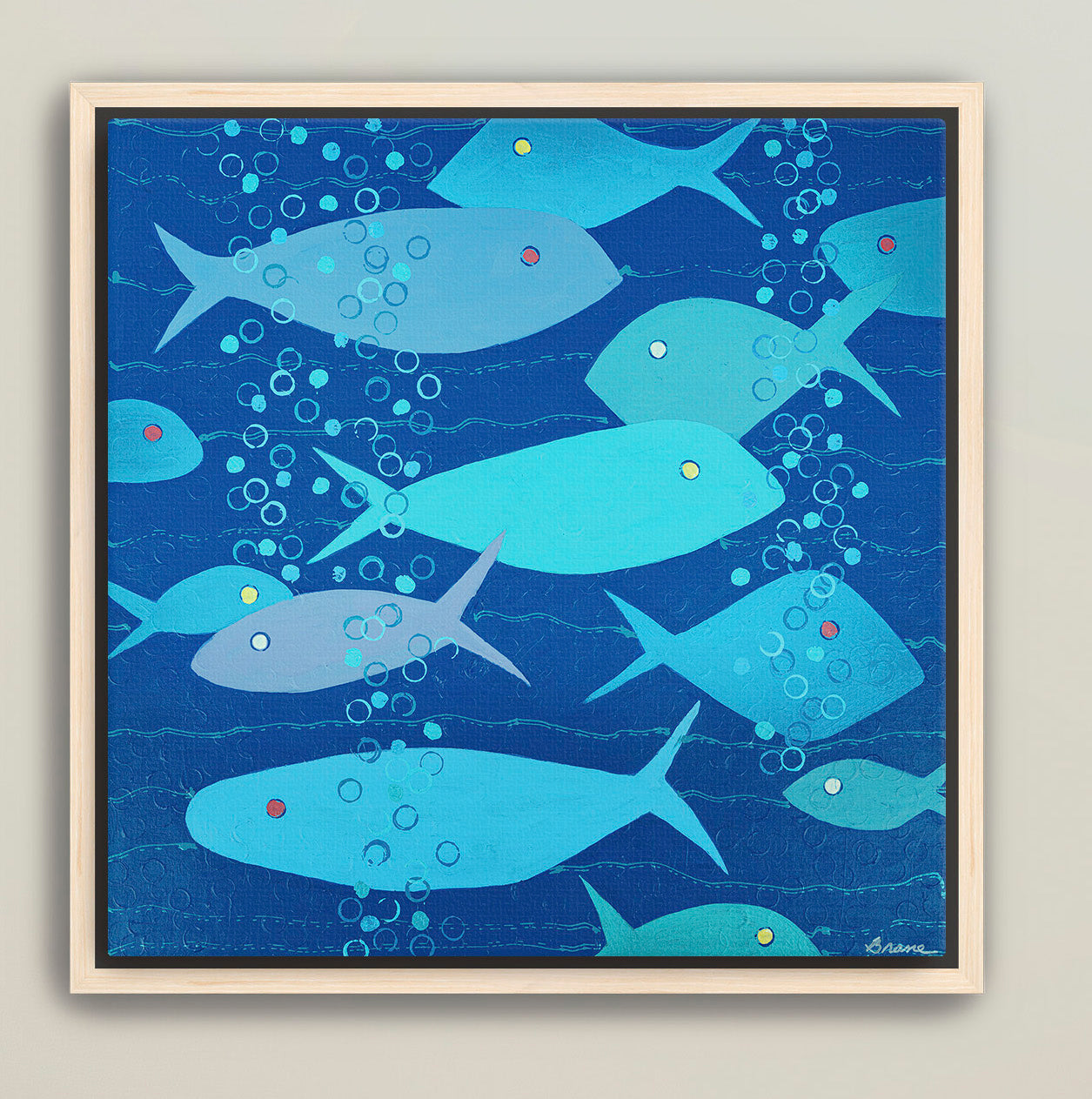 Luxury ocean wall art with shimmering bubbles and tonal blue fish