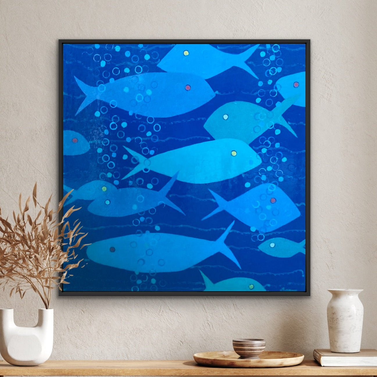 Original acrylic pour painting Bubbles in Blue by Martha Brane featuring layered blue fish forms and textural details.