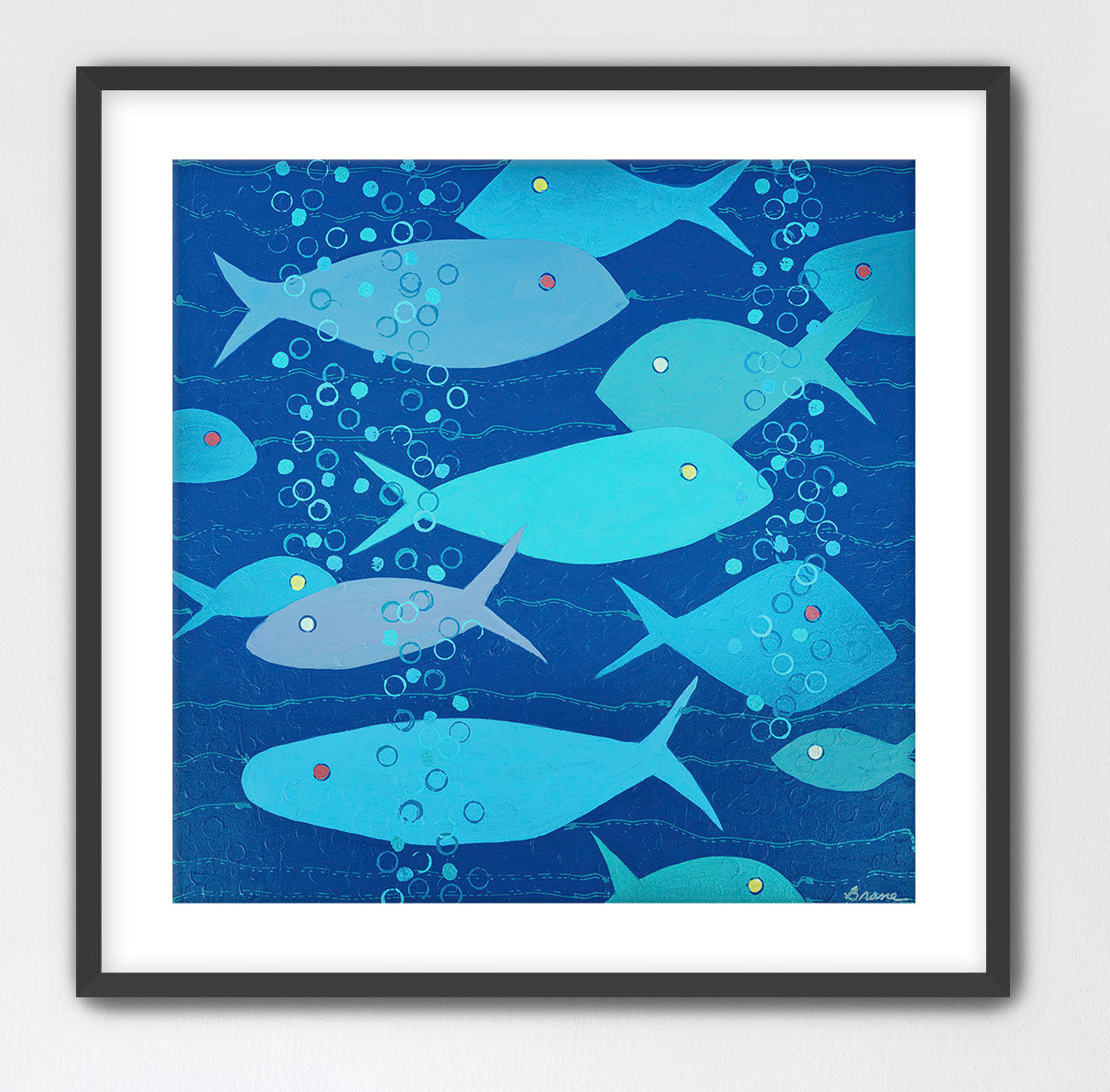 A tranquil underwater scene of blue fish and bubbles symbolizing harmony and flow — Bubbles in Blue by Martha Brane, fine art giclée print