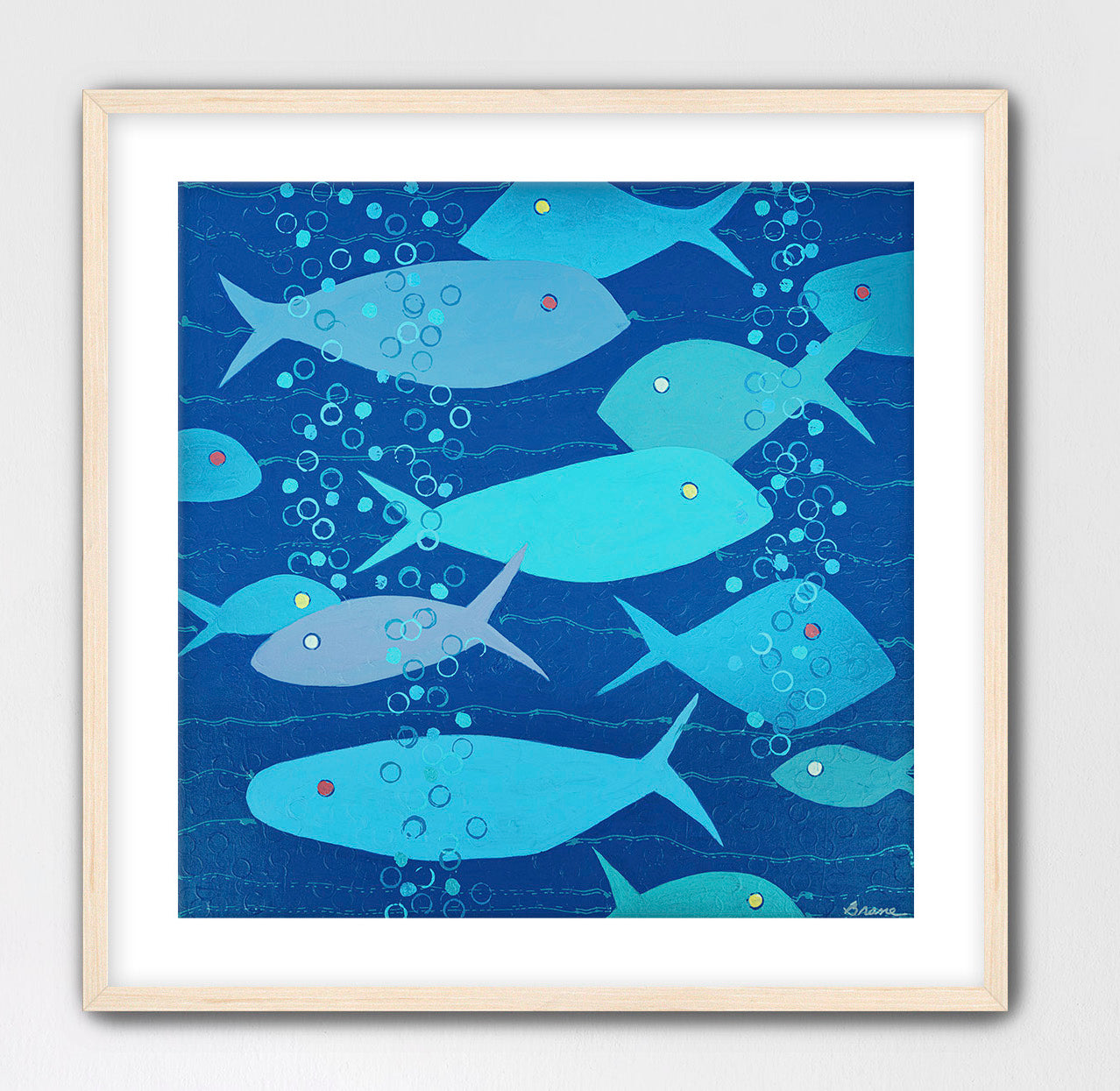 Abstract school of blue fish with bubbles rising through deep ocean tones, contemporary coastal artwork by Martha Brane