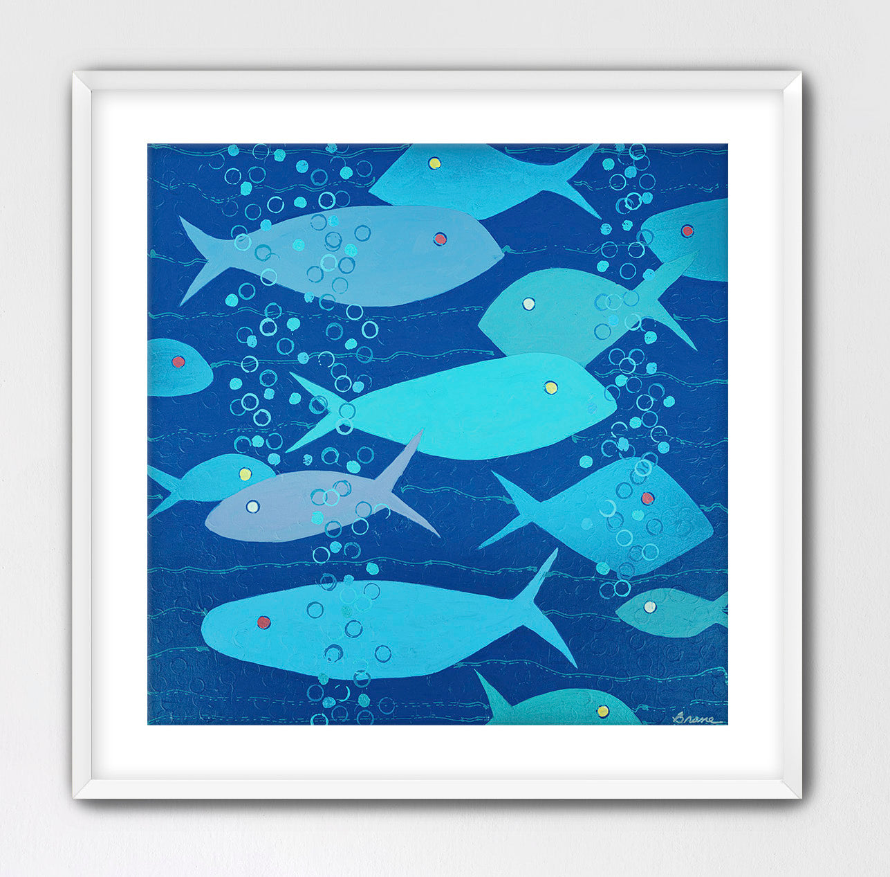 Bubbles in Blue by Martha Brane — modern coastal fish painting in shades of aqua and cobalt blue with playful bubbles, archival giclée canvas wall art