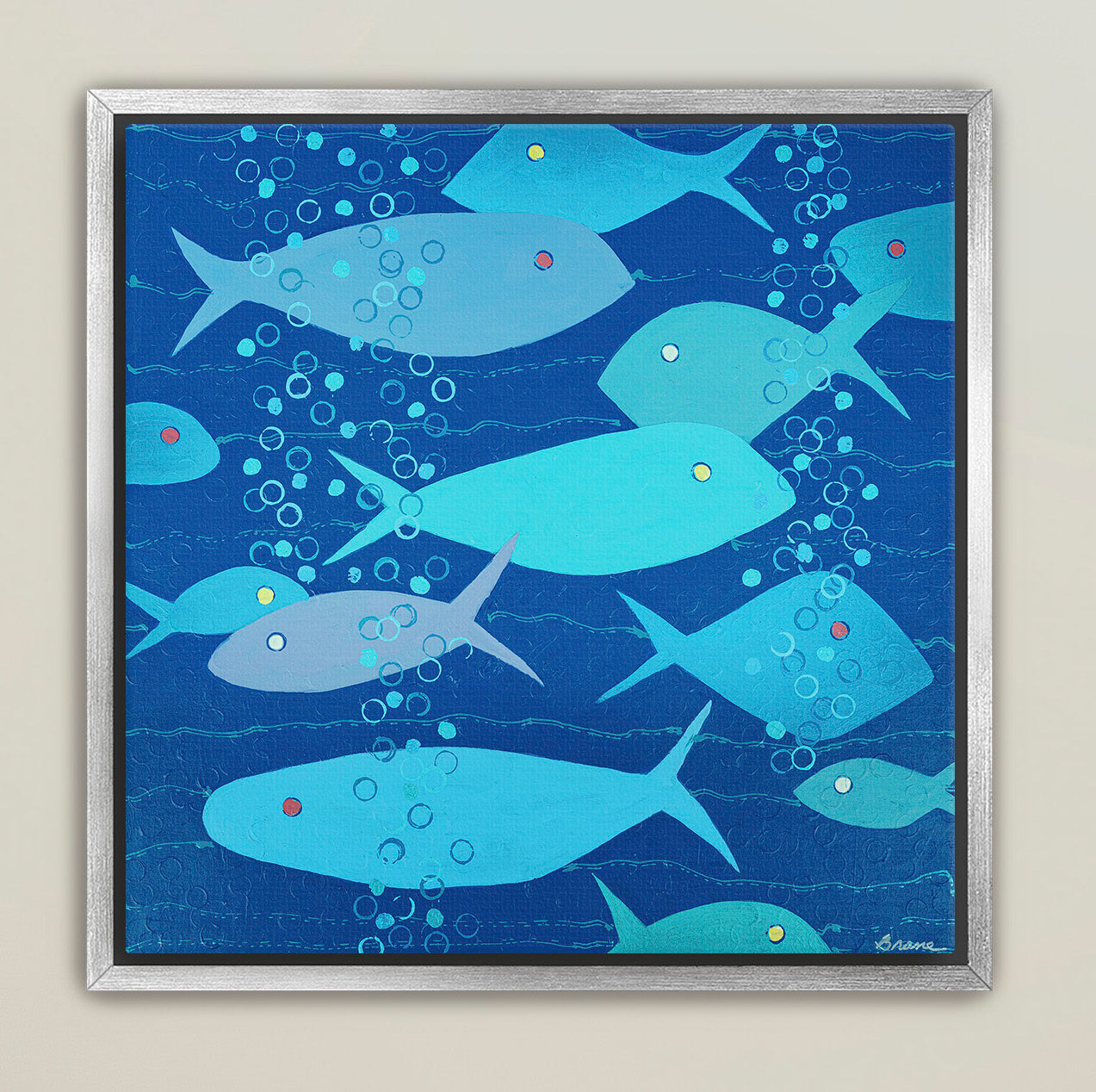 Contemporary coastal artwork in layered blue hues with playful bubbles
