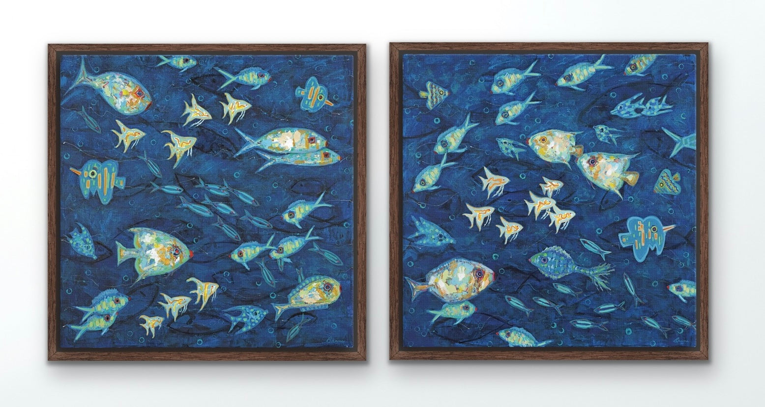 two-panel marine artwork featuring diverse colorful fish in motion