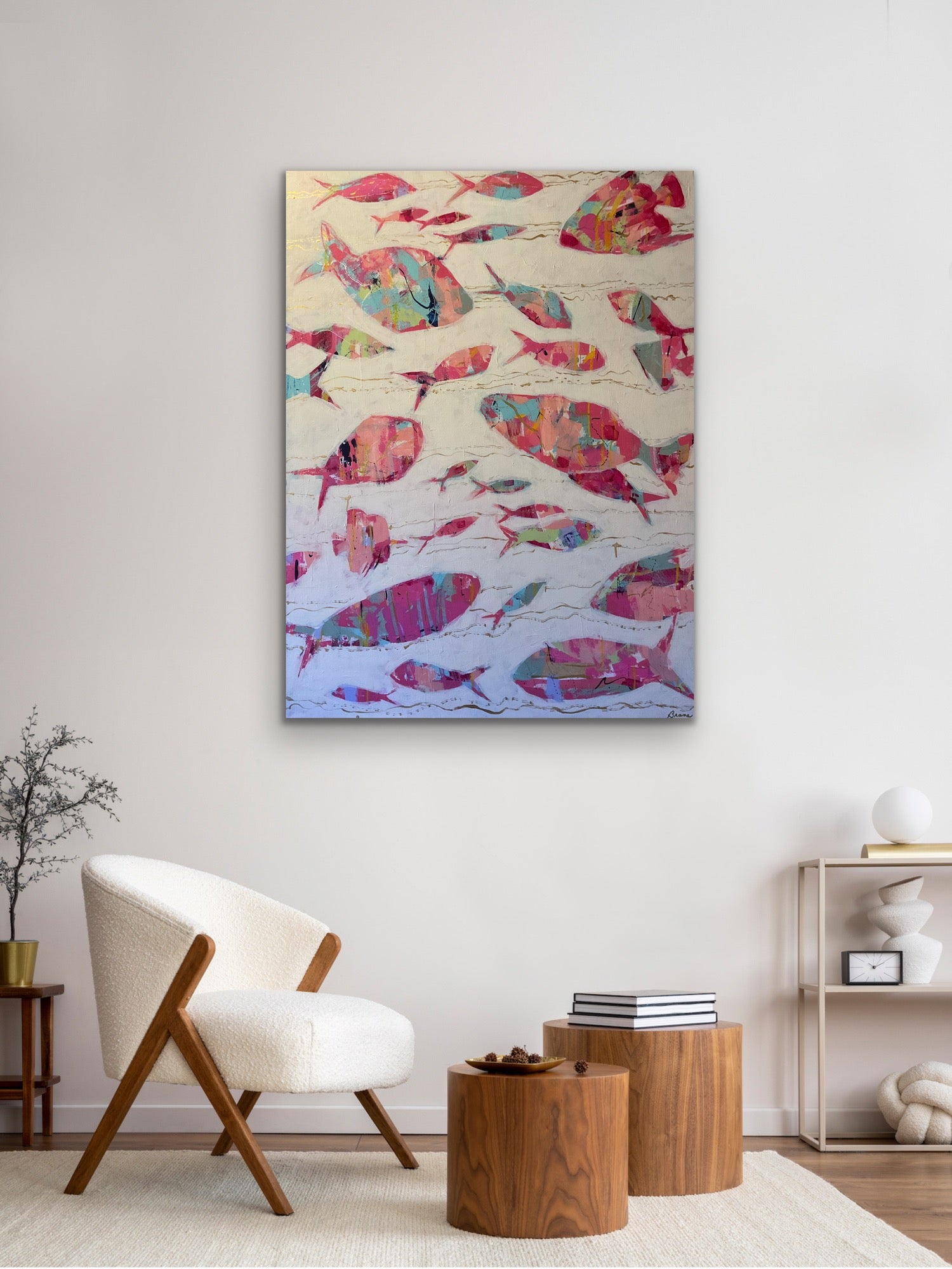 Coastal abstract fish art original painting with flowing fish forms and shimmering iridescent gold accents inspired by ocean movement