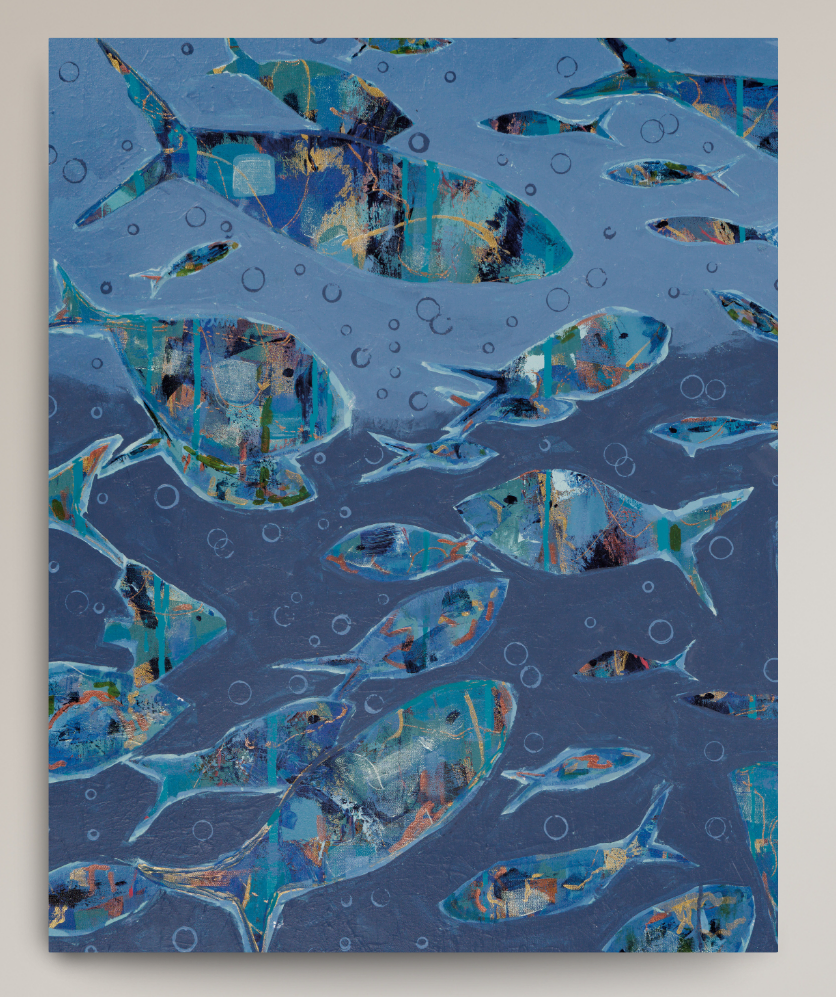 An abstract painting of a school of fish swimming underwater, featuring textured blue, teal, and gold fish shapes with bubble details on a deep blue background.
