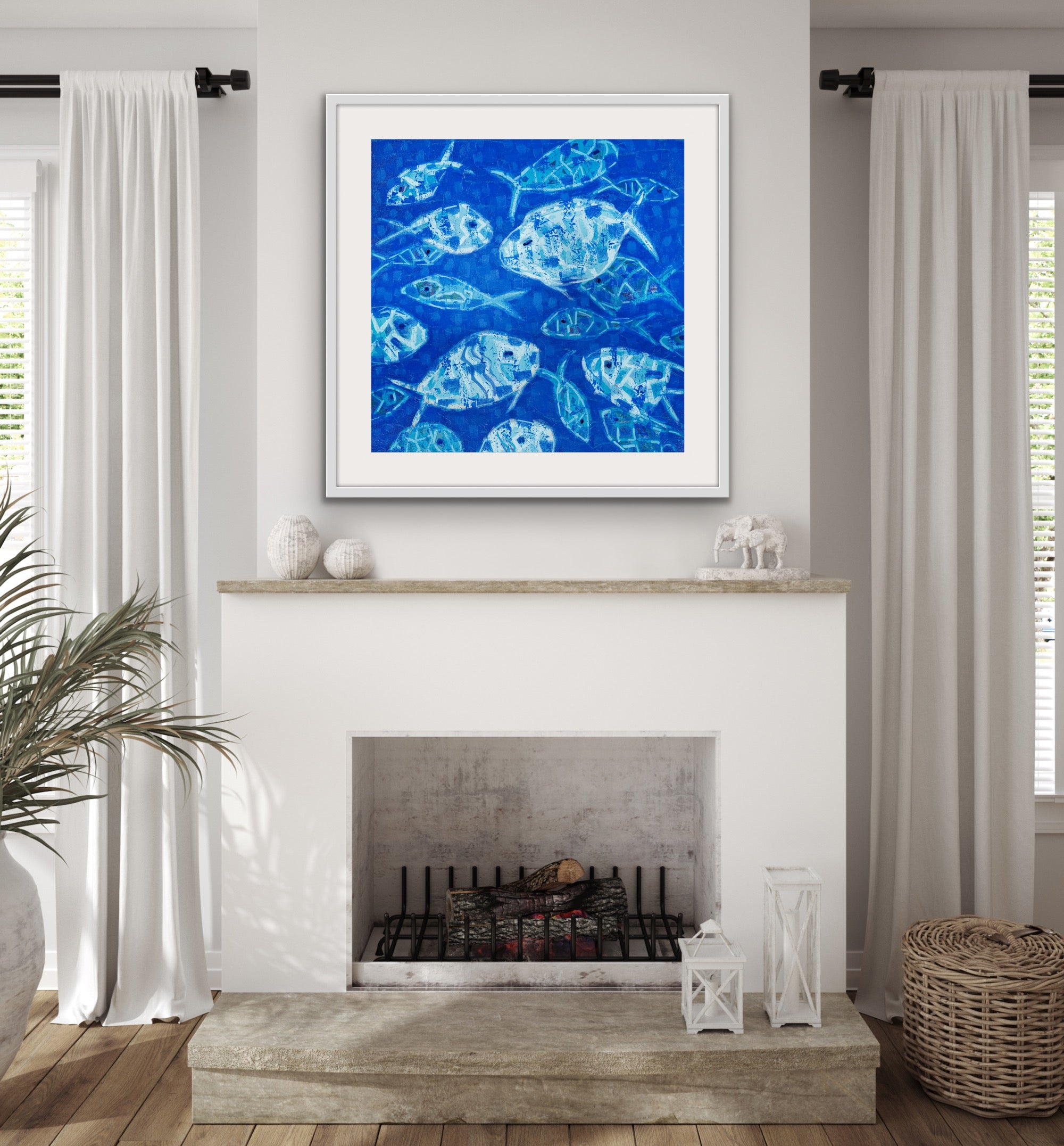 Serene square underwater artwork for modern interiors above a fireplace in a living room.