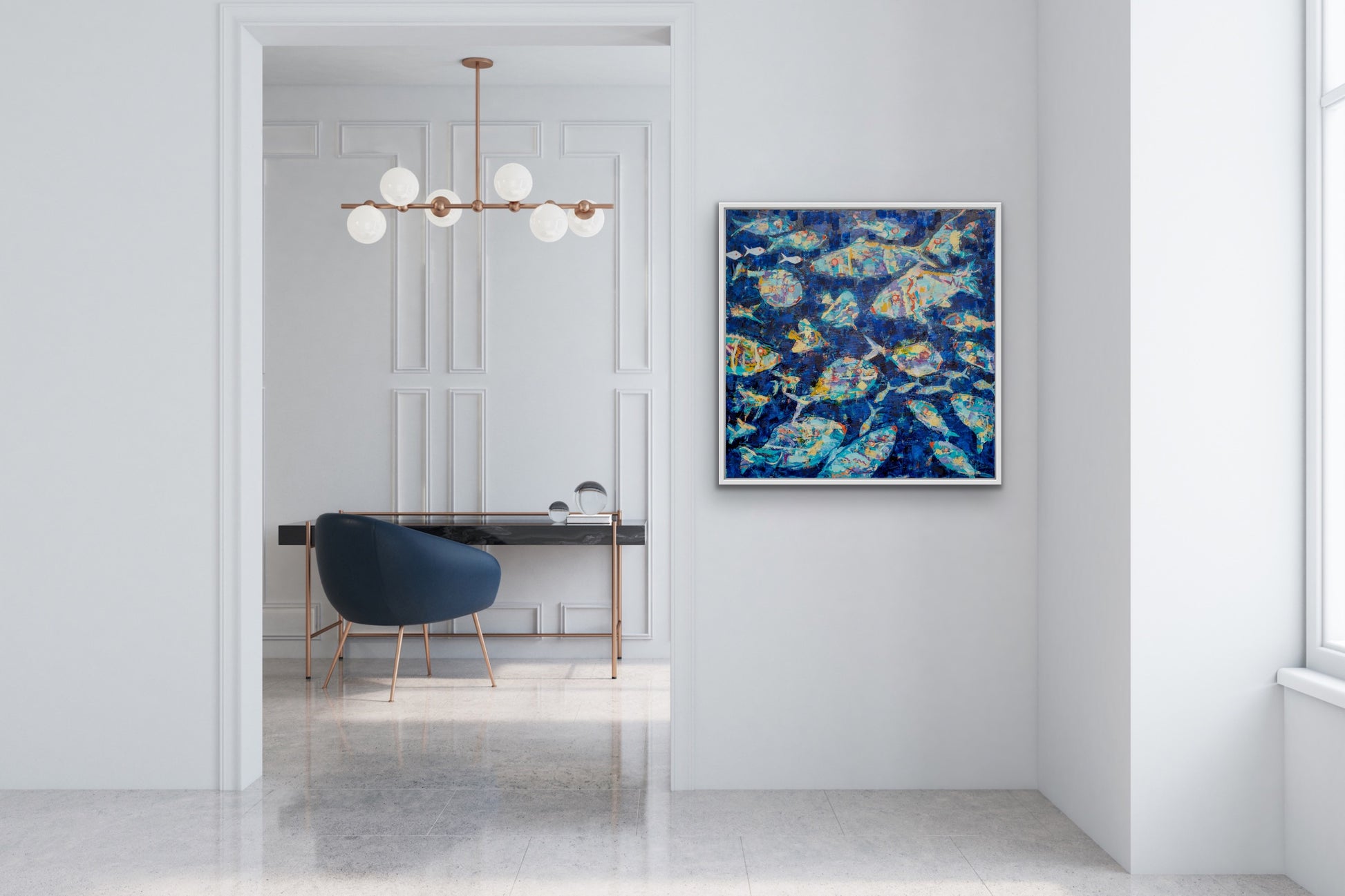 modern interior in white and blue with an designer luxury ocean abstract fish painting on the wall.