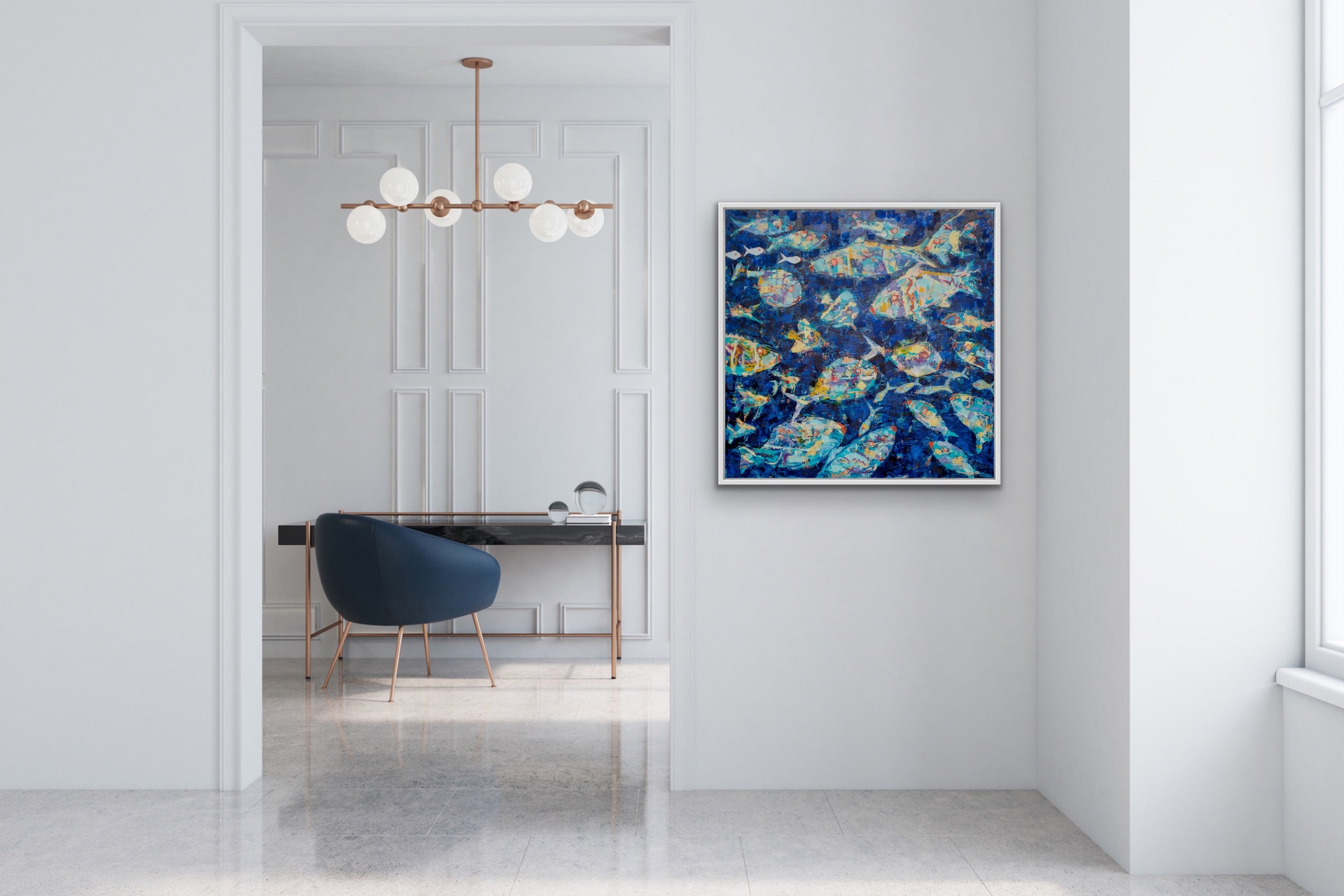 modern interior in white and blue with an designer luxury ocean abstract fish painting on the wall.