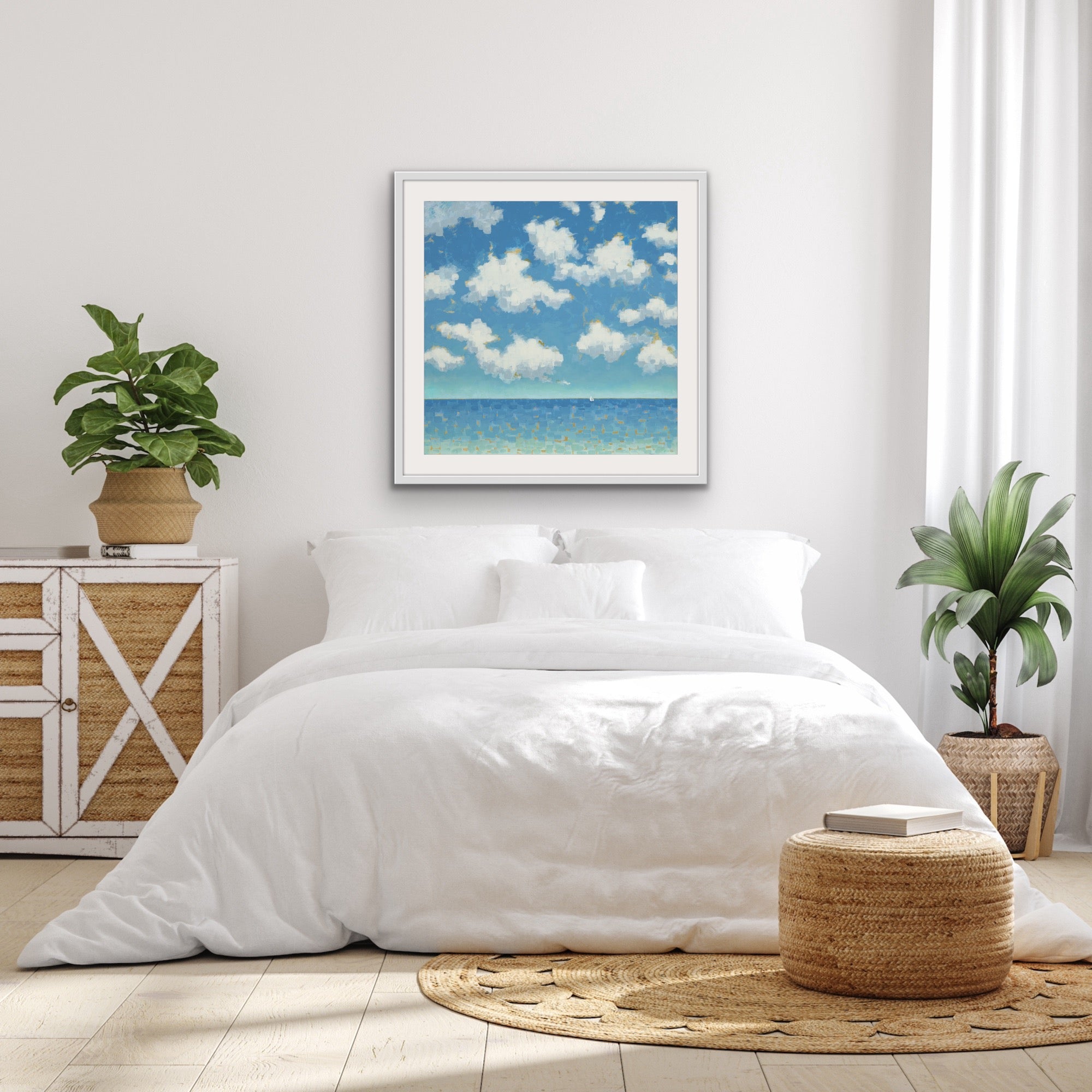 Far and Free by Martha Brane — luxury coastal seascape print on cotton rag paper featuring a calm blue ocean, white clouds, and distant sailboat