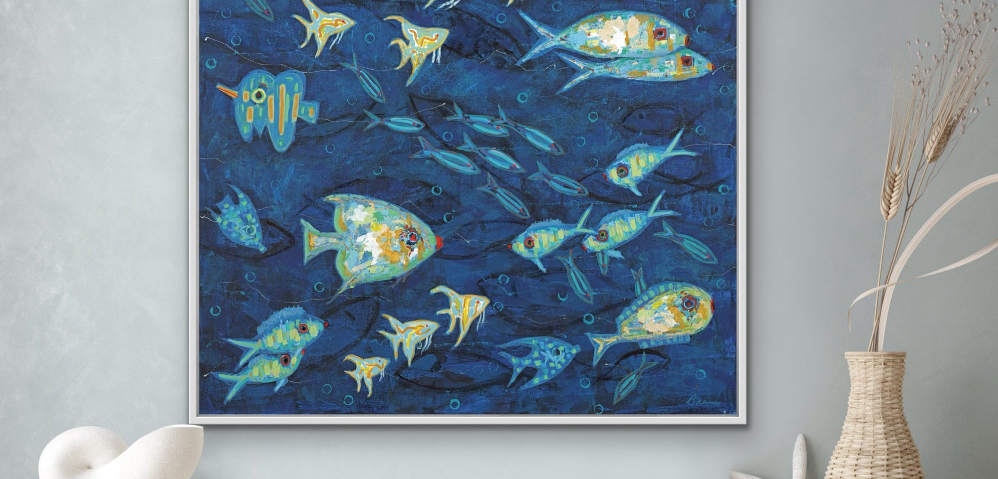 modern painting of fun fish in a deep blue sea