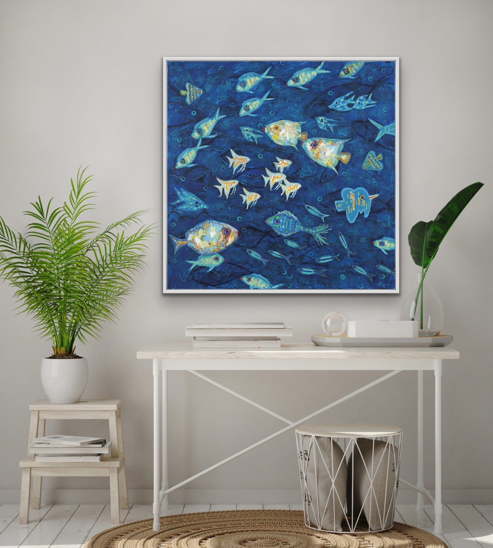 Underwater fish scene in framed giclée canvas for beach home interiors