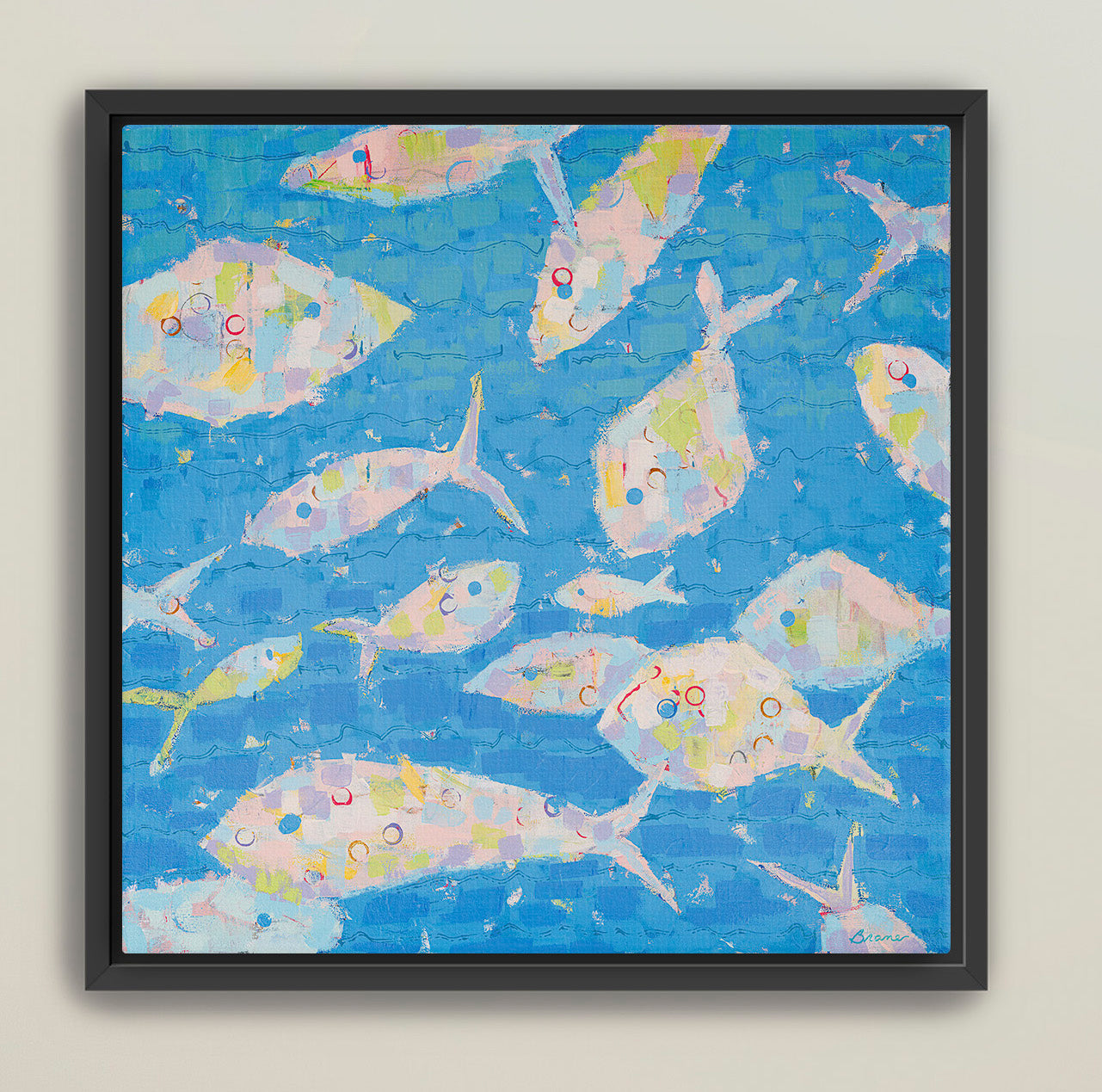 Bright coastal fish artwork in soft pink, blue, and yellow tones