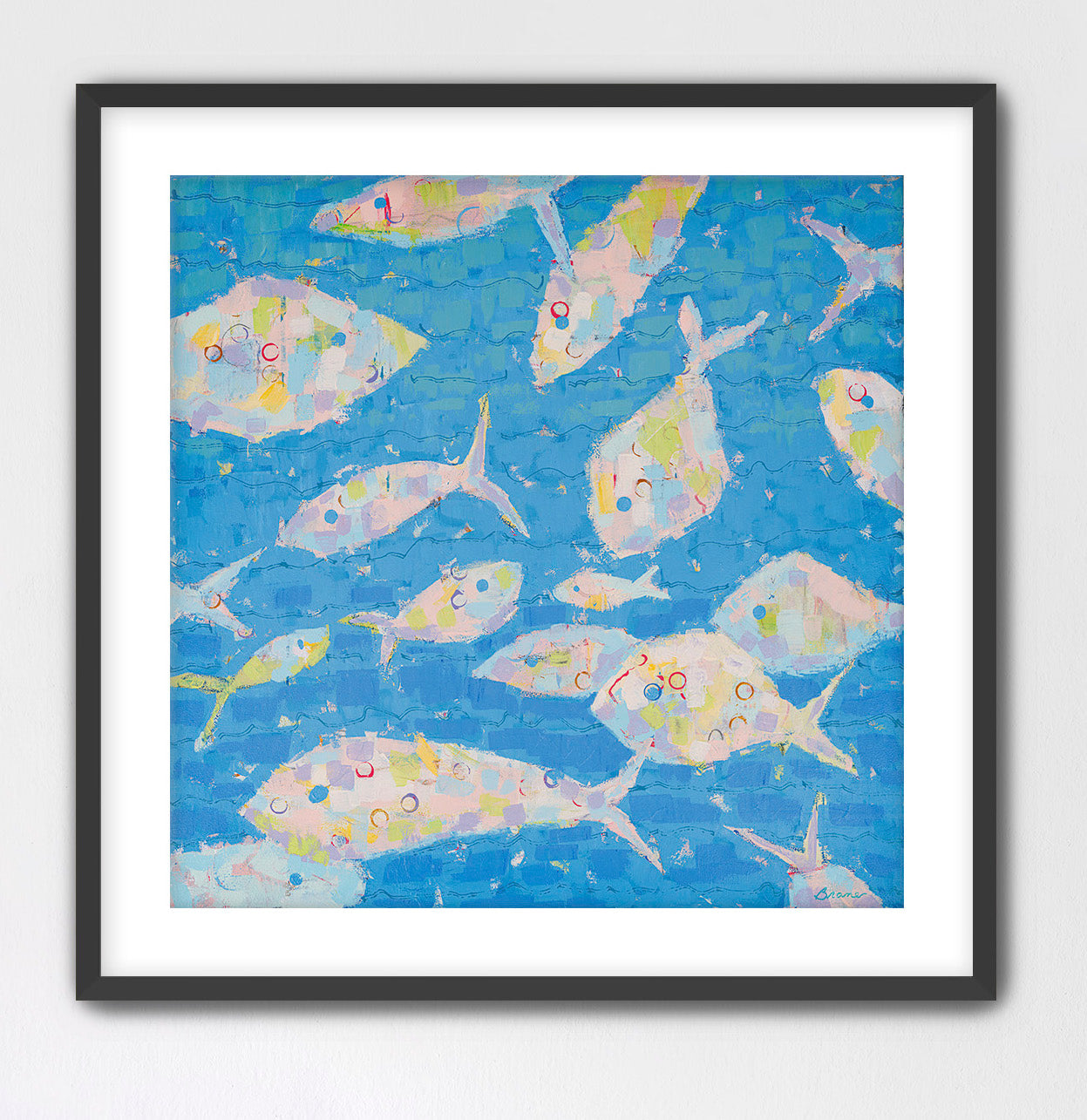 Modern coastal fish artwork matted and framed