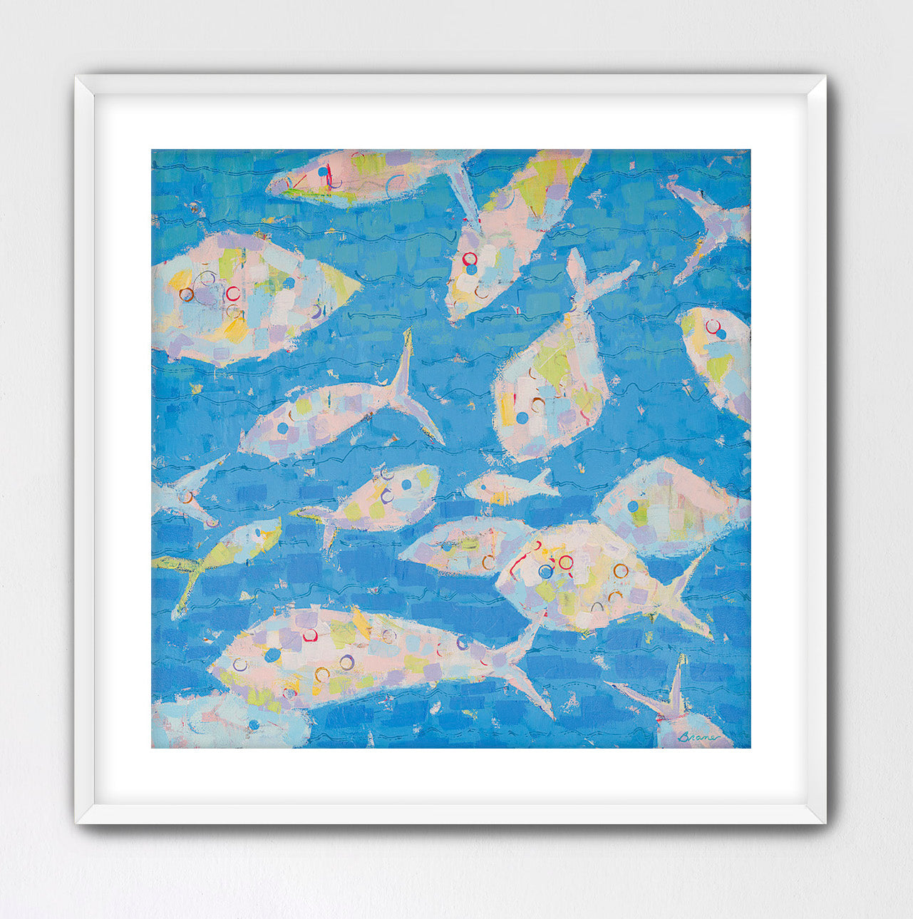 Abstract pastel fish artwork for coastal décor