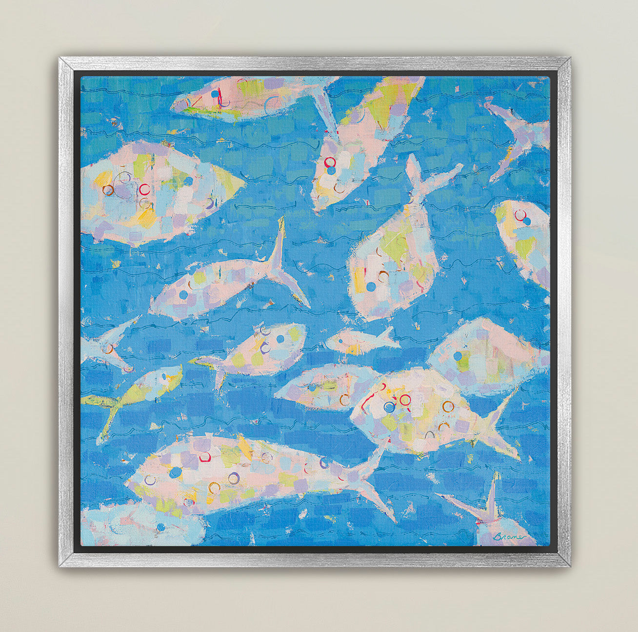 Aqua blue coastal canvas print with soft pastel fish