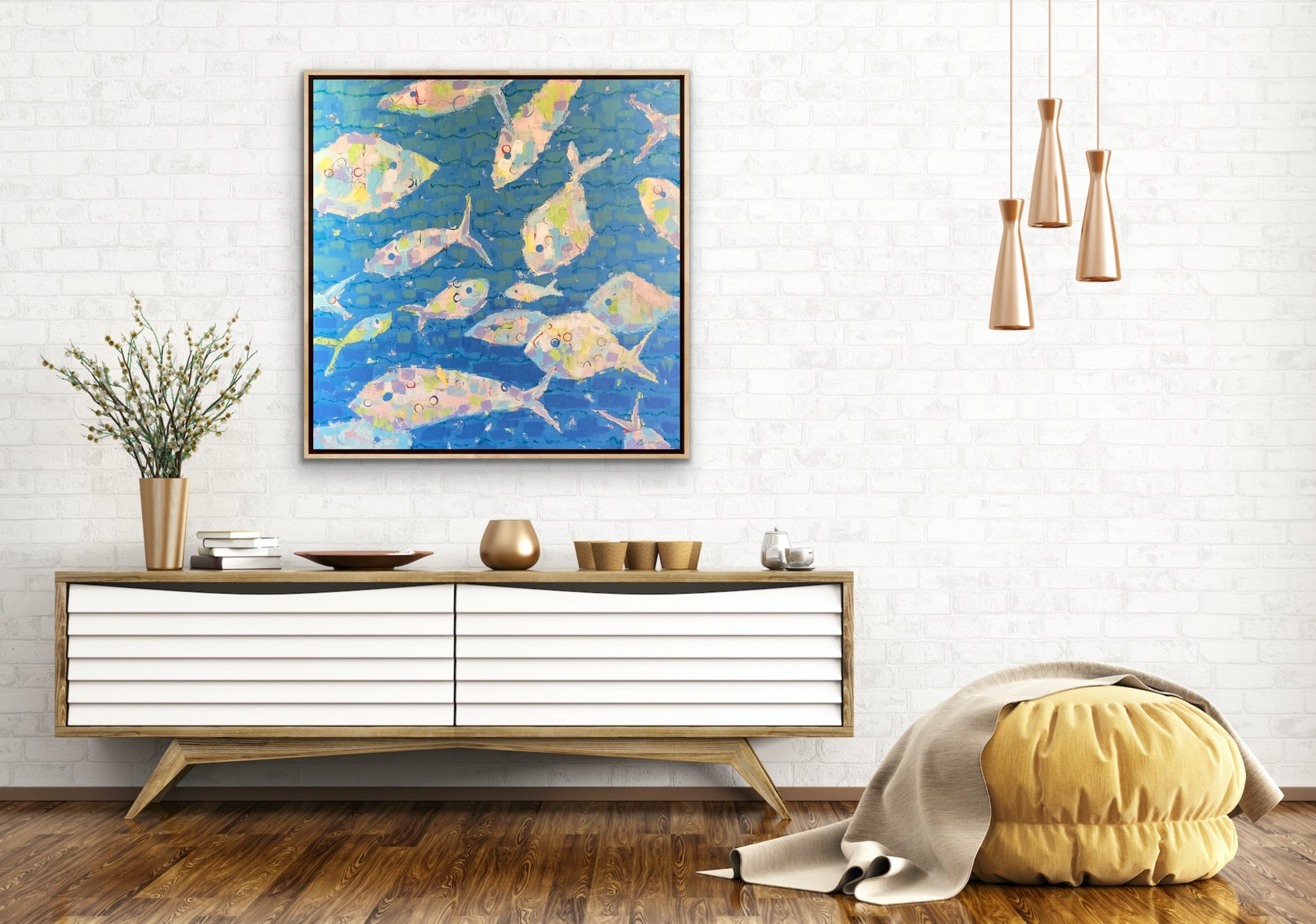 36” x 36” abstract fish artwork with rhythmic movement and soft pastel accents by Martha Brane.