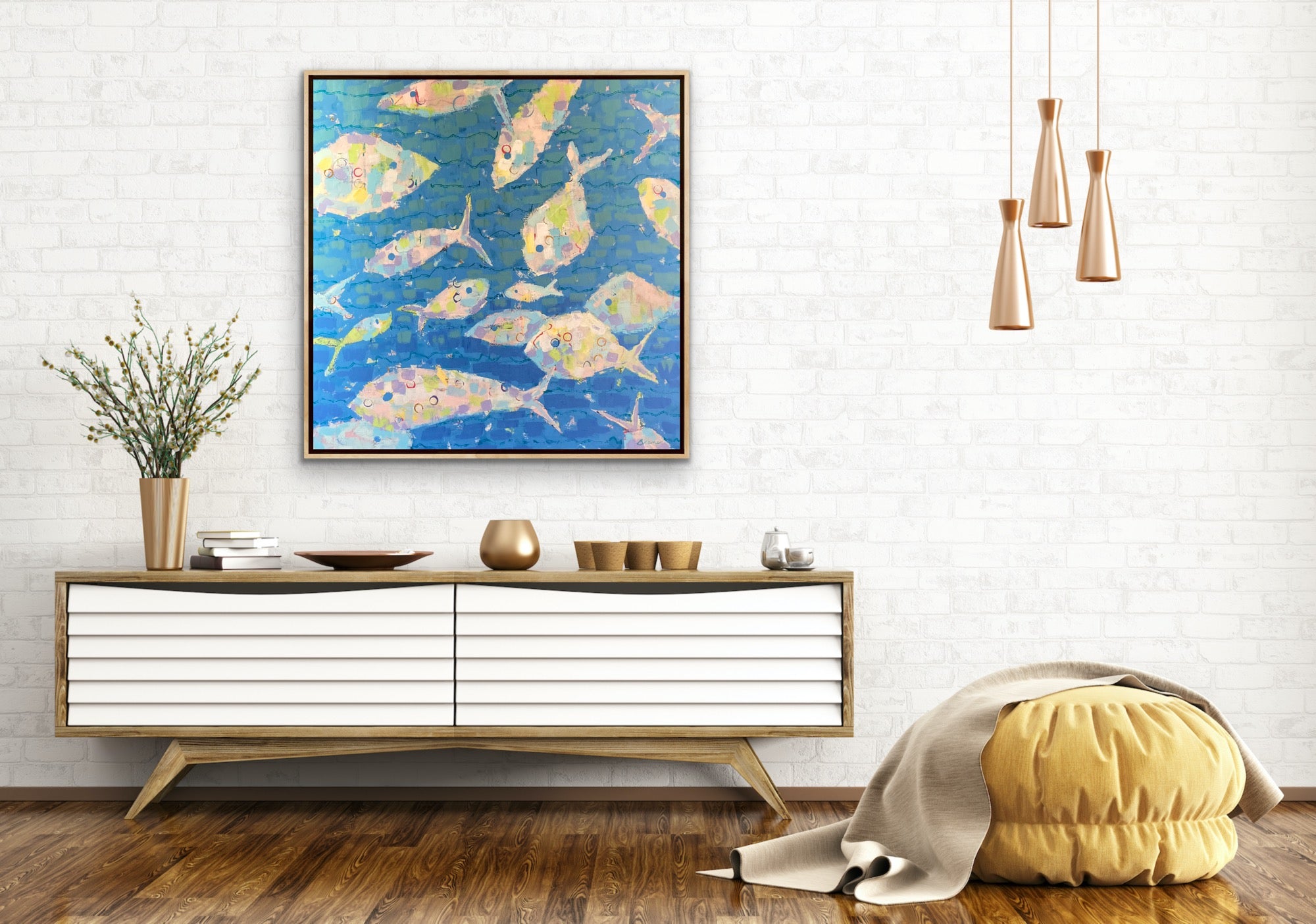 36” x 36” abstract fish artwork with rhythmic movement and soft pastel accents by Martha Brane.