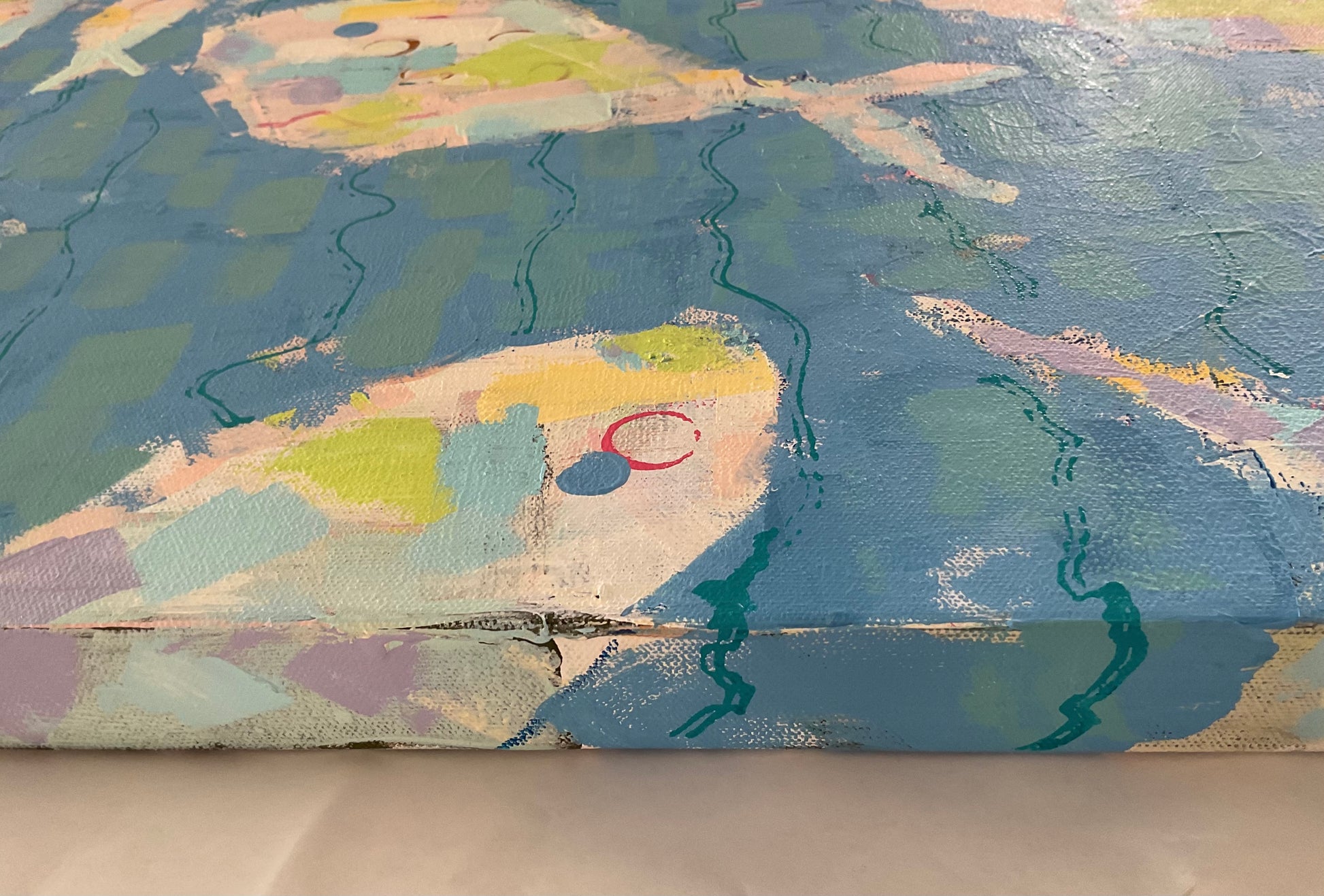 Close-up detail of Current of Joy showing textured brushwork, layered color, and playful coastal elements.