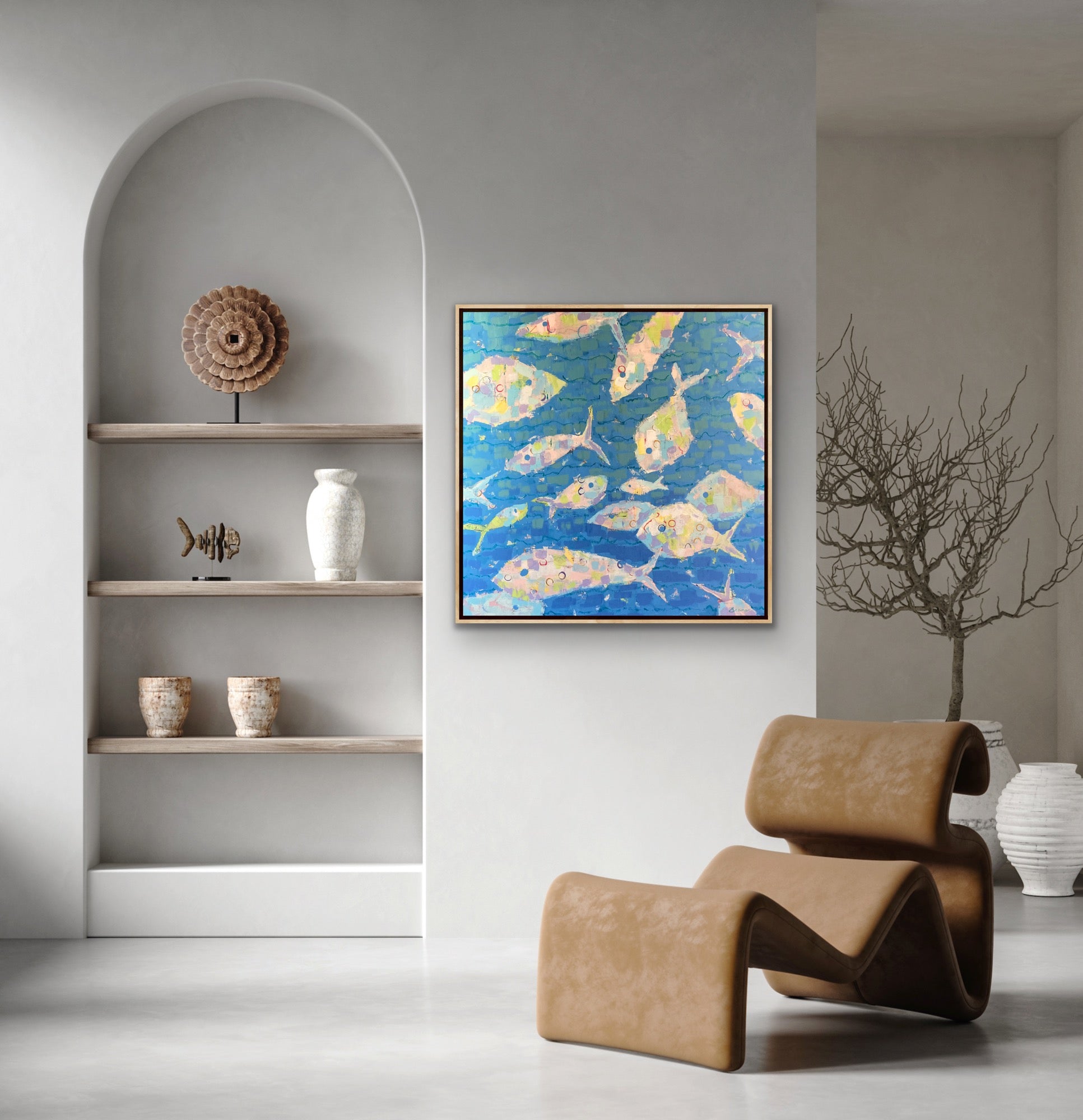 Original coastal fish painting Current of Joy by Martha Brane featuring flowing fish forms in layered blue tones.