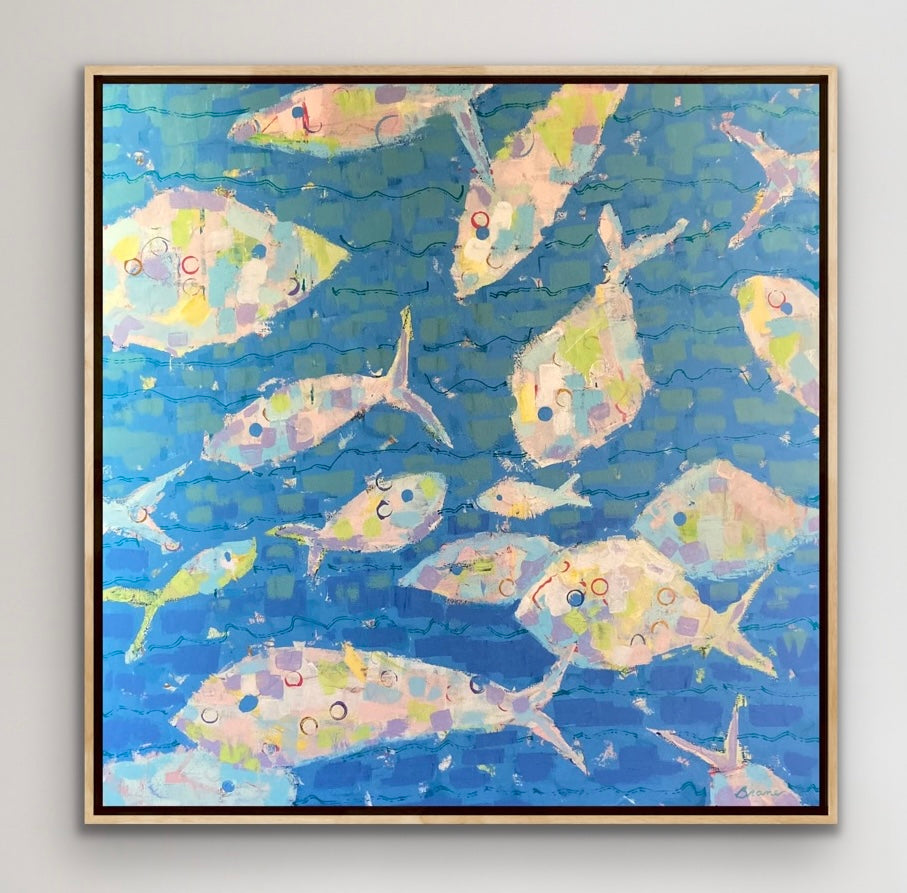 Original coastal fish painting Current of Joy by Martha Brane featuring flowing fish forms in layered blue tones.