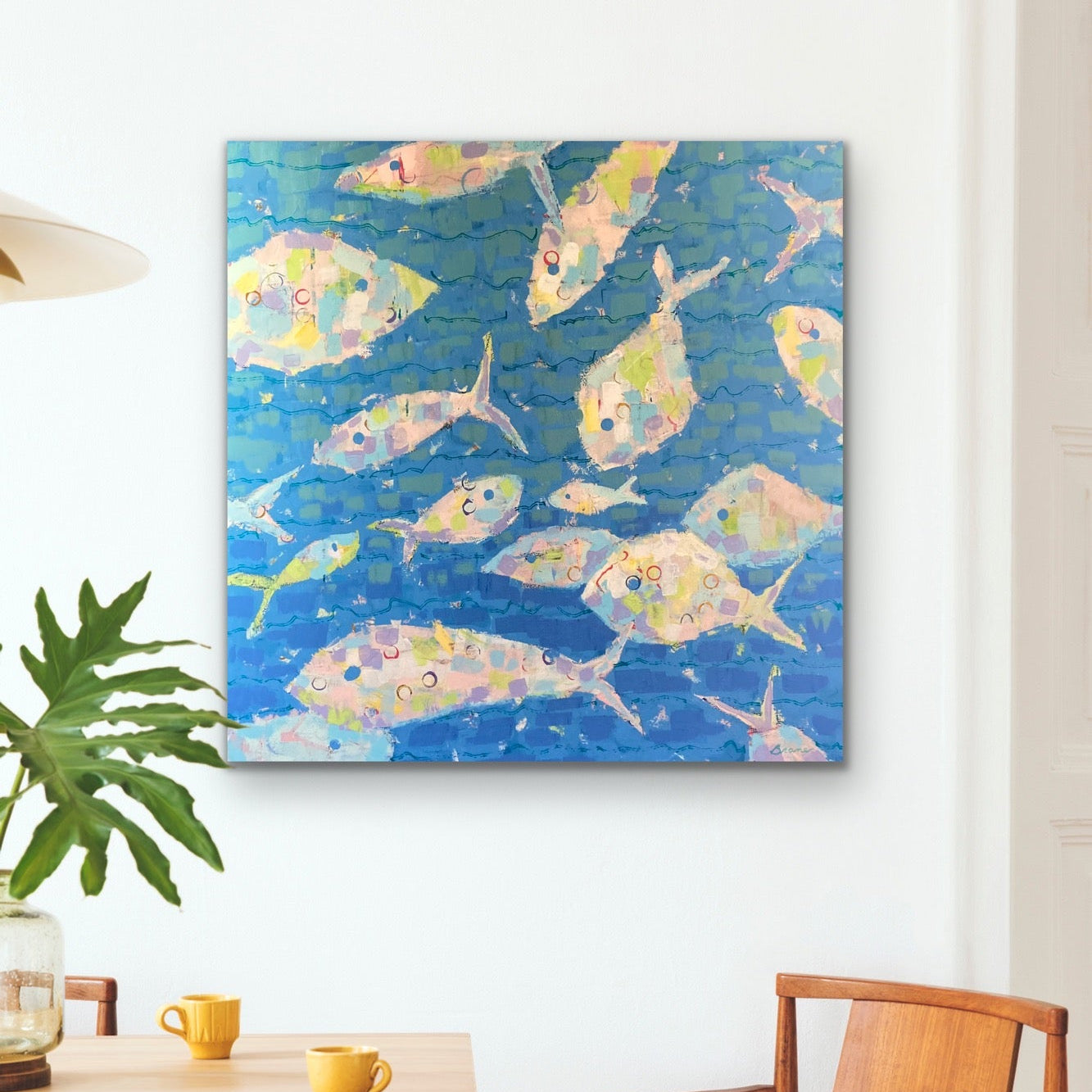 Original blue coastal fish painting with symbolic movement and serene ocean tones.
