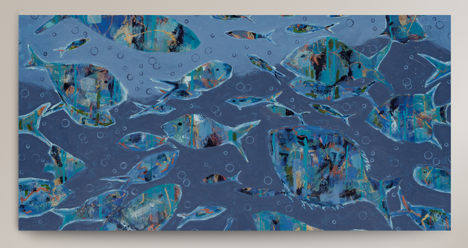 An abstract square art print depicting a school of fish swimming underwater, rendered in shades of blue, teal, and black with textured paint details.