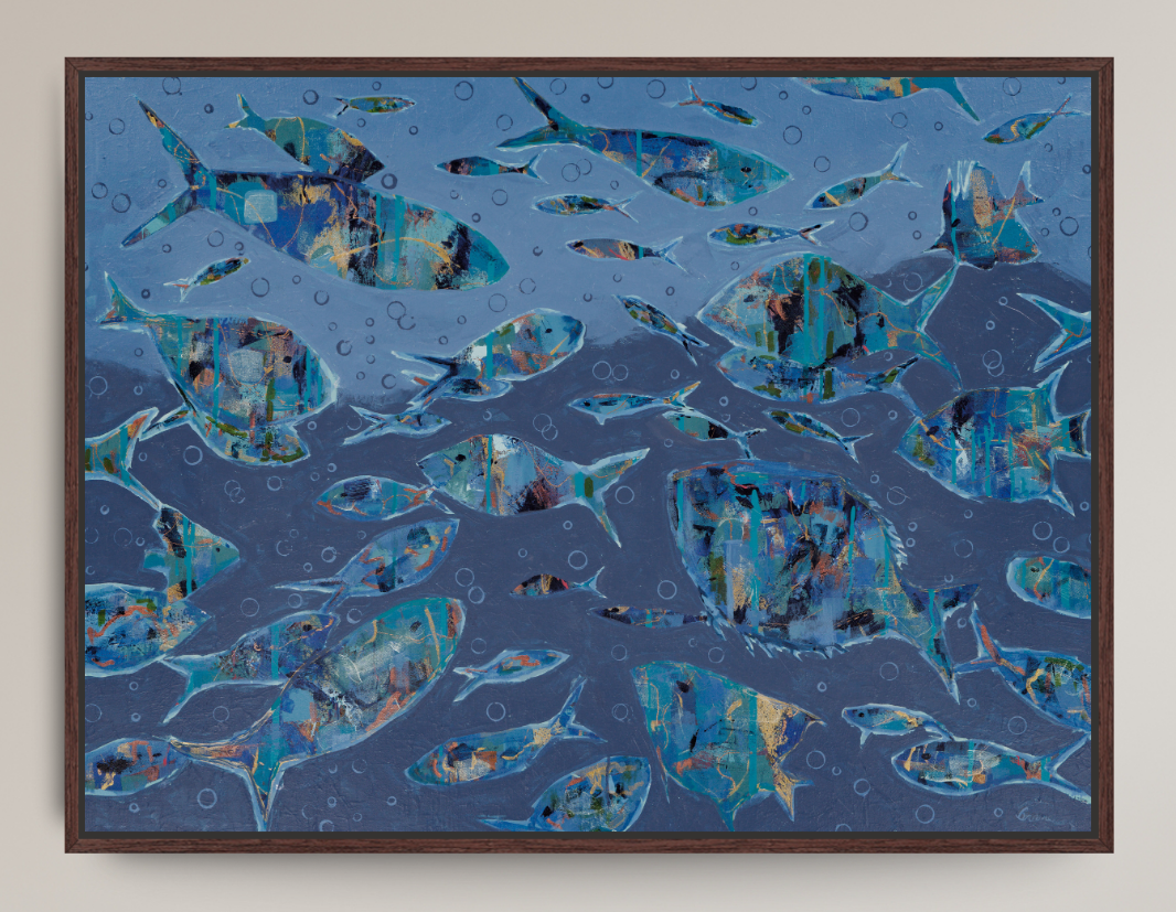 colorful fish swimming artwork in a brown floater frame