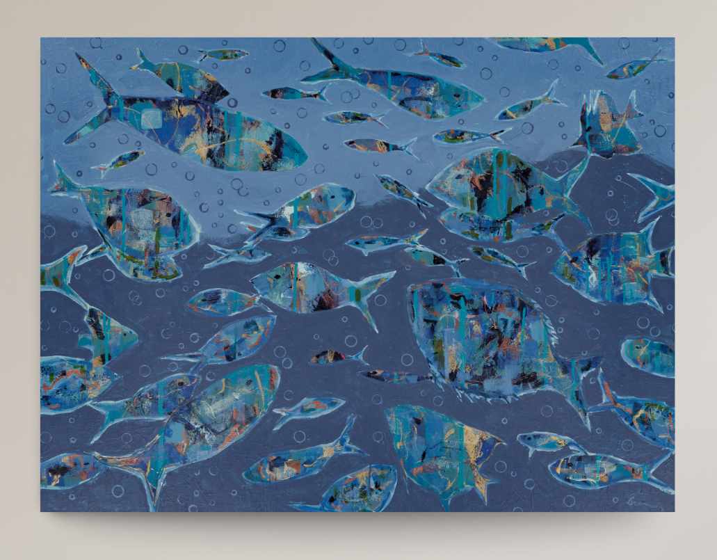 An abstract underwater-style artwork showing a school of fish in shades of blue, teal, and gray, with textured brushstrokes and bubble details, presented against a light neutral background.