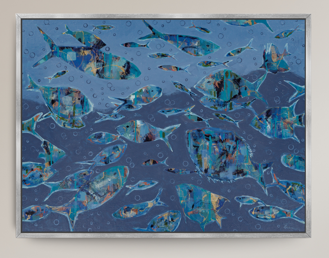 abstract fish print in silver floater frame