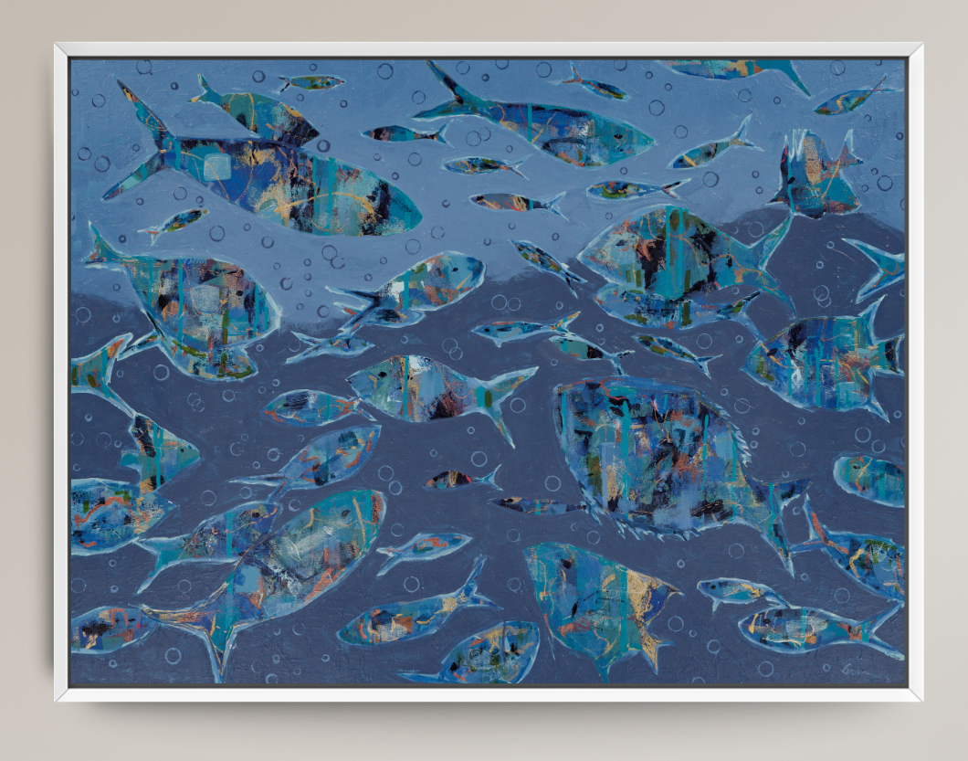 colorful abstract fish print with white frame