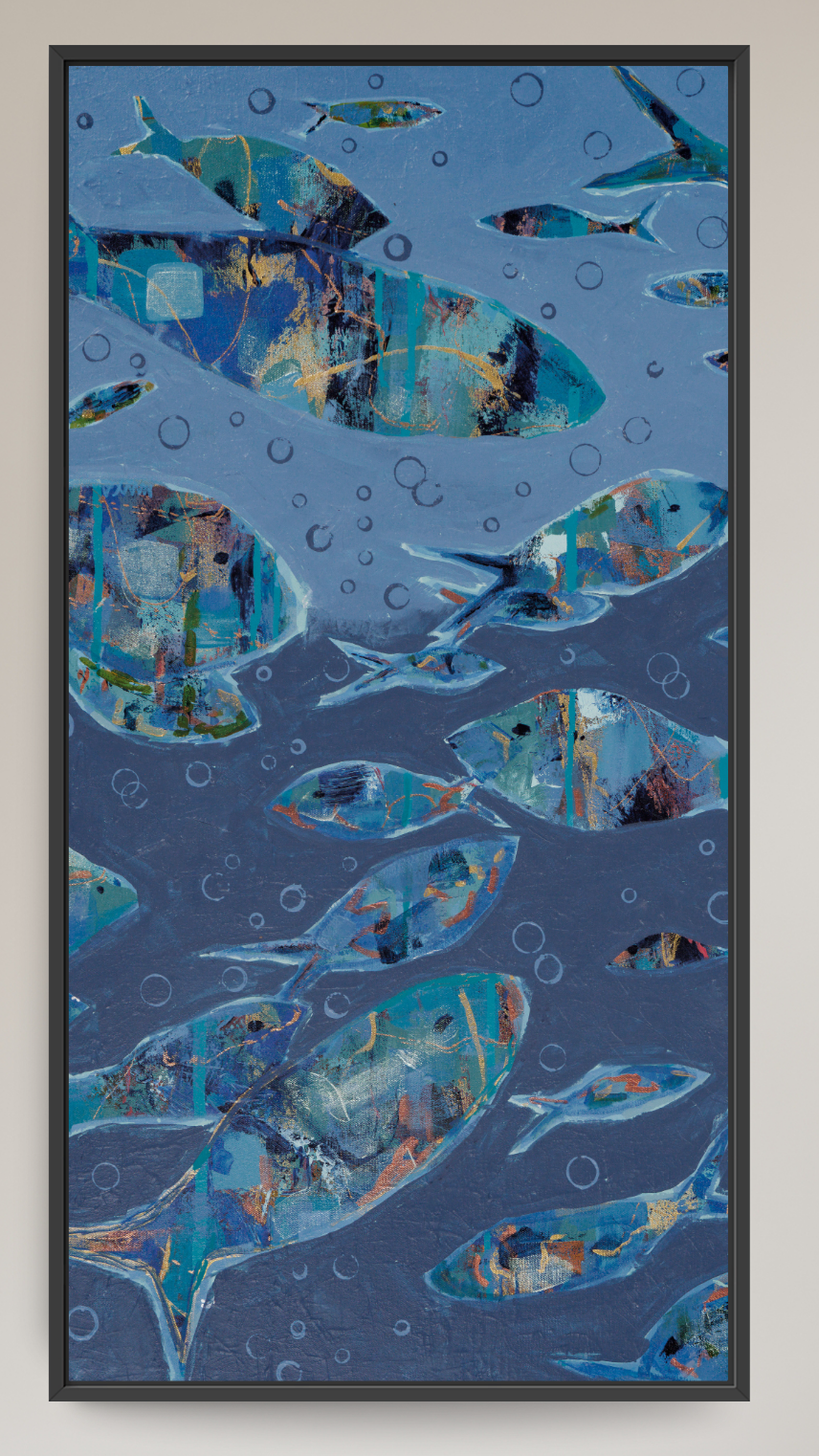 A framed abstract art print depicting a school of fish swimming underwater in shades of blue, teal, and navy, with textured brushstrokes and bubble details, set in a thin black frame.