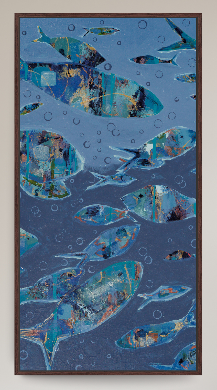 An abstract painting of fish swimming underwater, featuring blue, teal, and gold tones with bubbles, enclosed in a dark brown frame.
