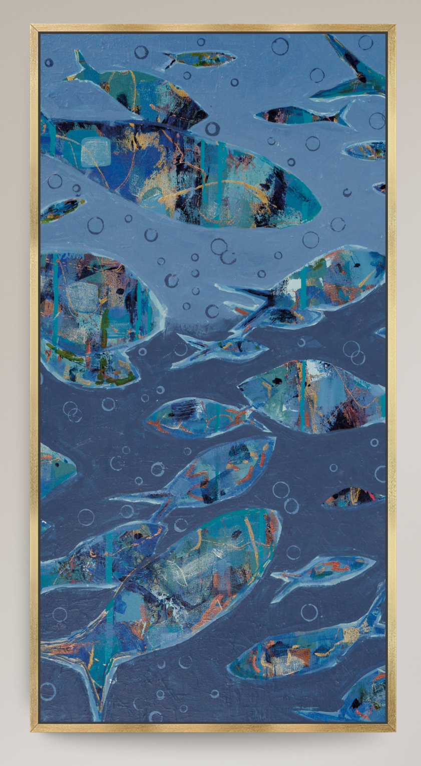 An abstract painting of fish swimming underwater, featuring blue, teal, and gold tones, enclosed in a thin gold frame.