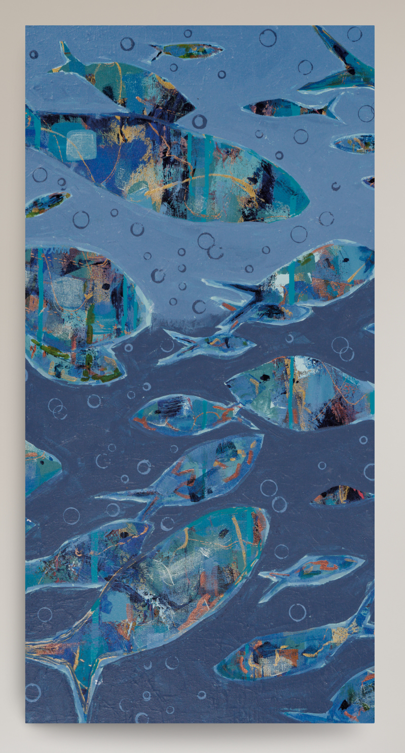 An abstract painting of fish swimming underwater, featuring textured blue, teal, and gold brushstrokes with bubbles, presented on a light beige background.