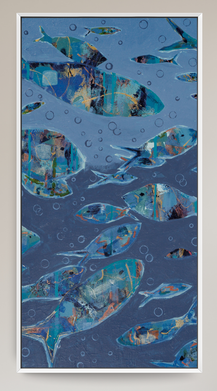 An abstract art print depicting a school of fish swimming underwater, rendered in shades of blue, teal, and gray with textured brushstrokes and bubble details, framed in a thin white border.