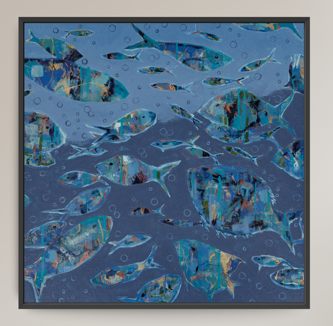 Abstract multi-colored fish in blue water.