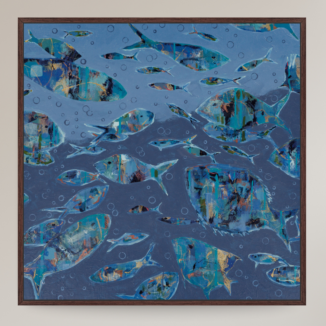 Abstract multi-colored fish in blue water.