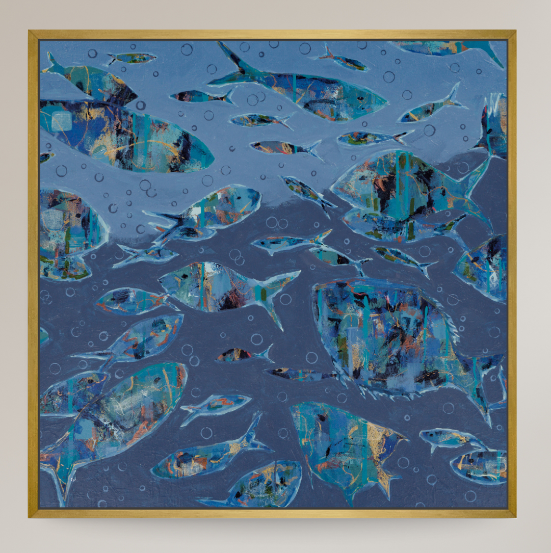 Abstract multi-colored fish in blue water.