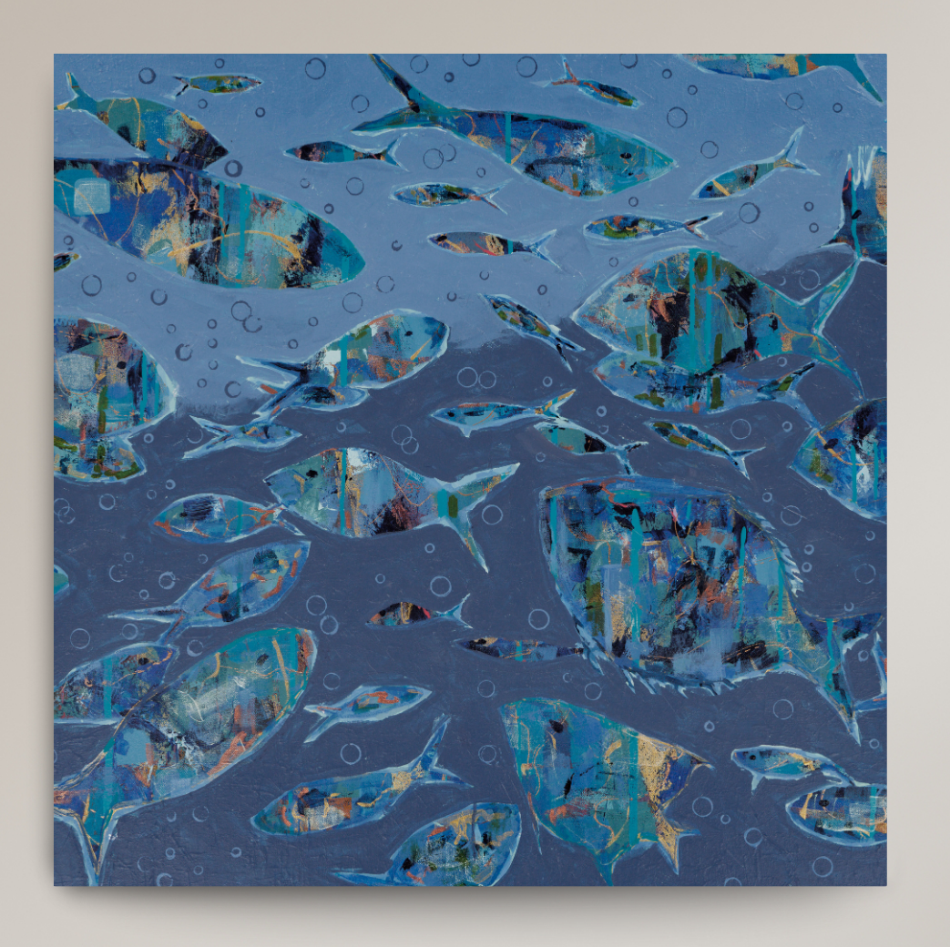 shades of blue depict water with abstract fish
