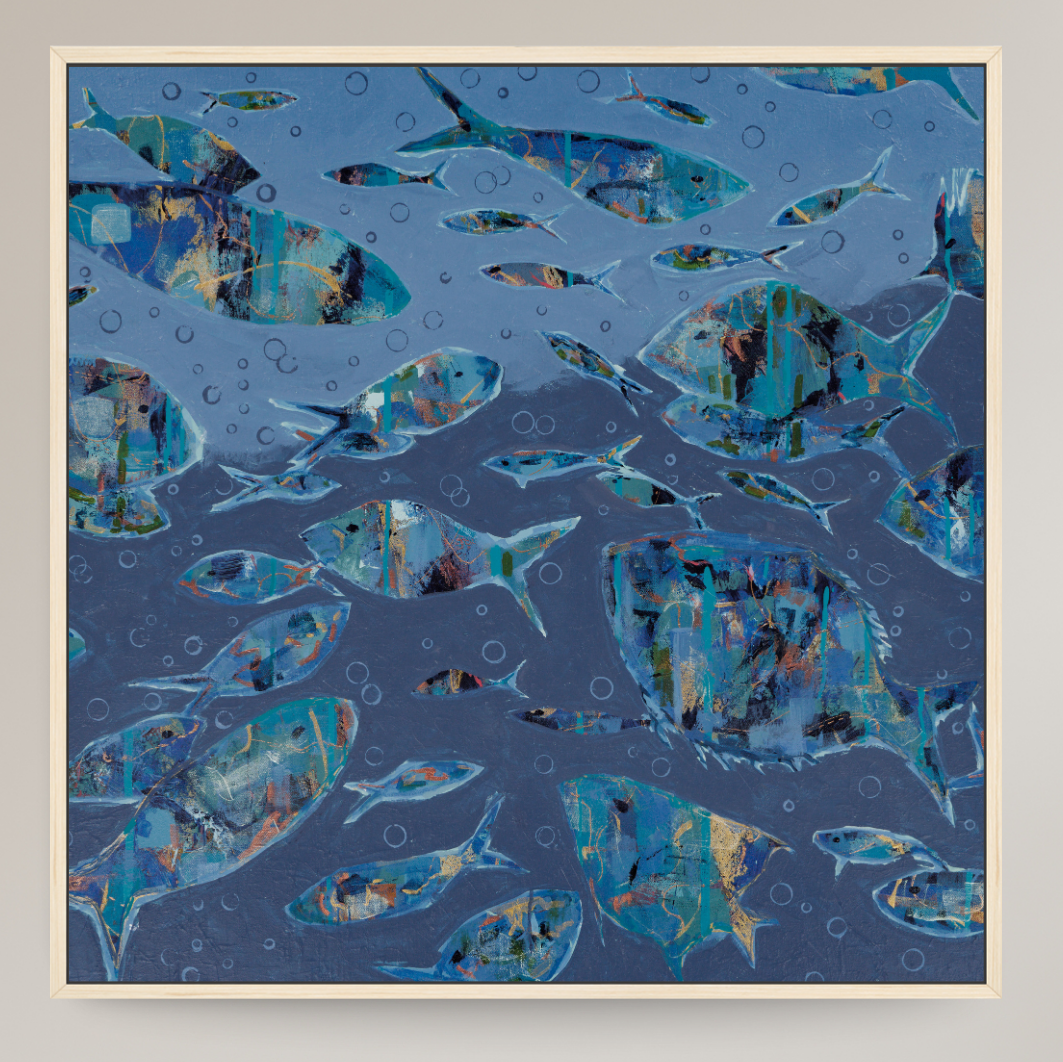 Abstract multi-colored fish in blue water.