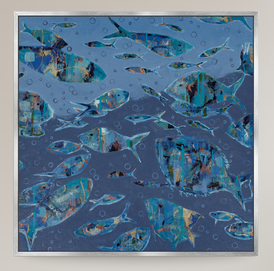 Abstract multi-colored fish in blue water.