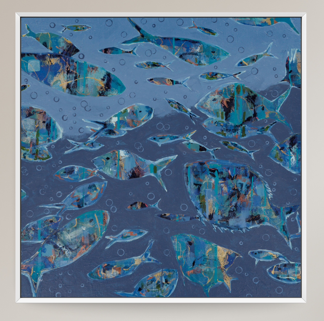 Abstract multi-colored fish in blue waters