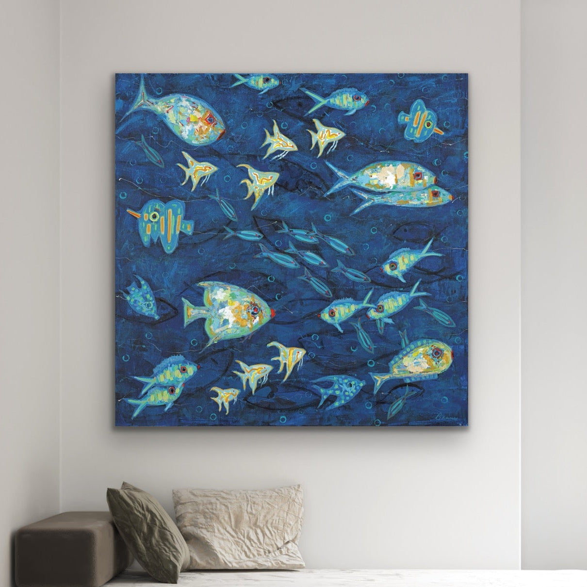 Modern coastal fish painting in frame for beach home interiors
