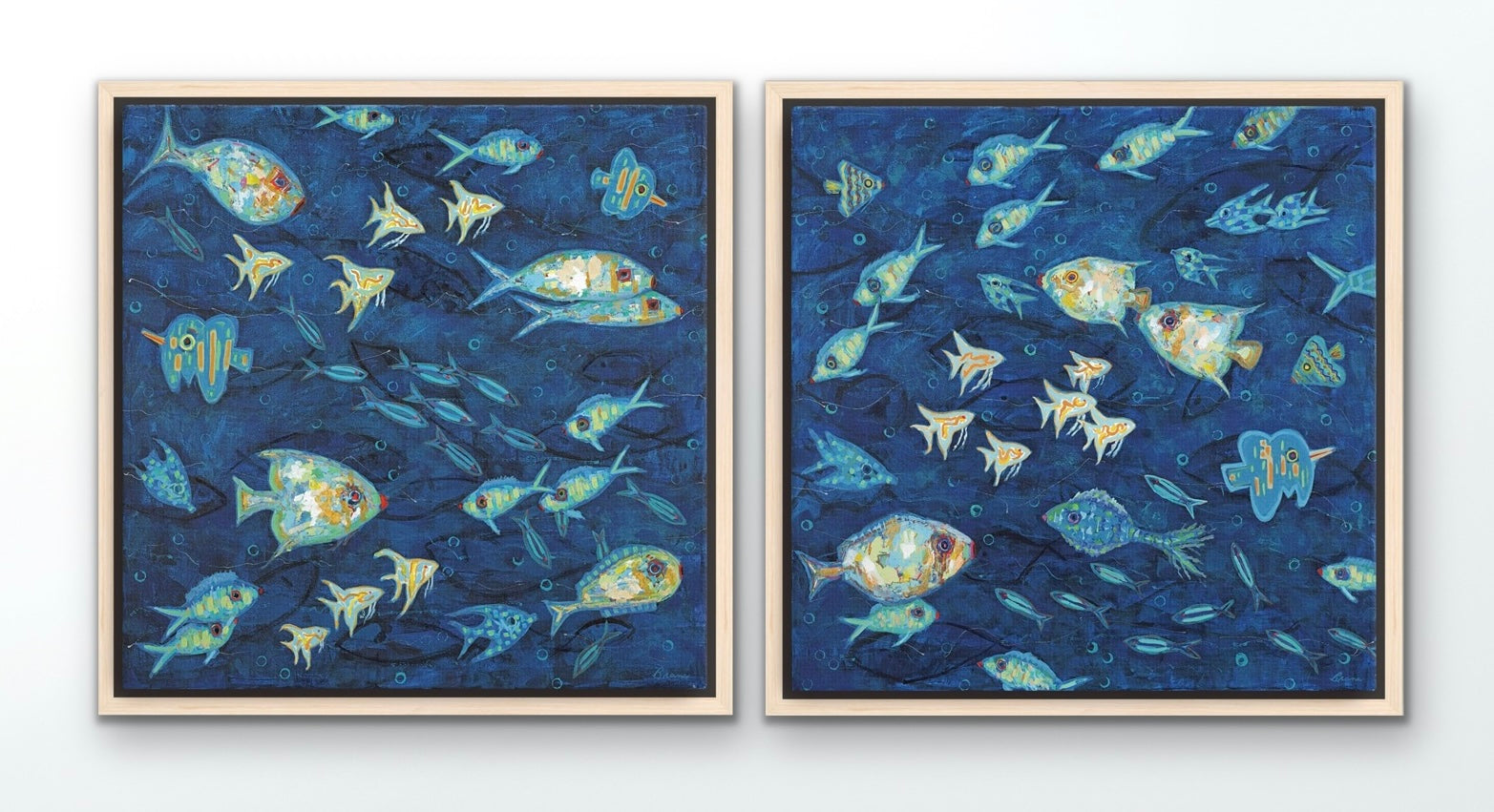 Large coastal diptych with colorful fish schools on rich ocean background