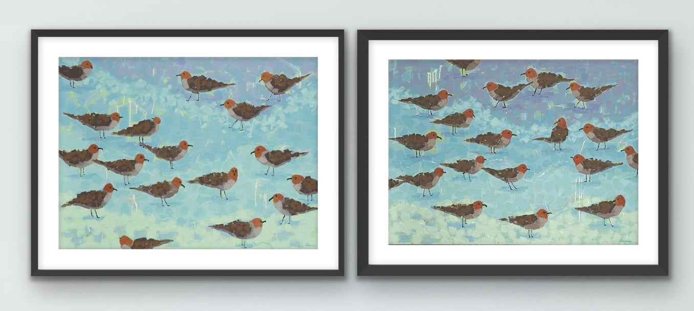 Morning Briefing I & II – modern ocean-inspired diptych with sand-colored shorebirds in tranquil seaside tones