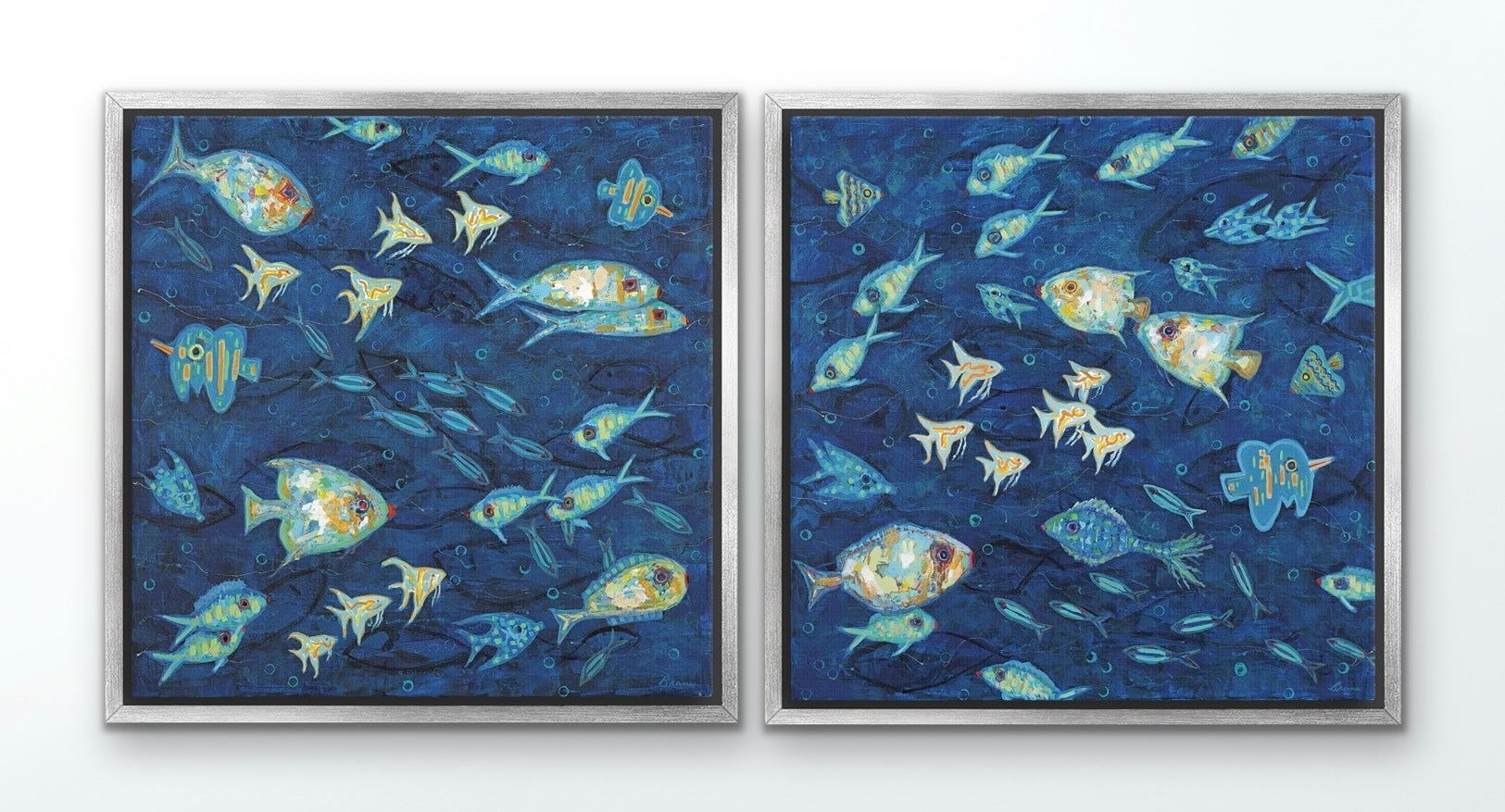 Side-by-side ocean fish canvas prints creating a bold underwater panorama